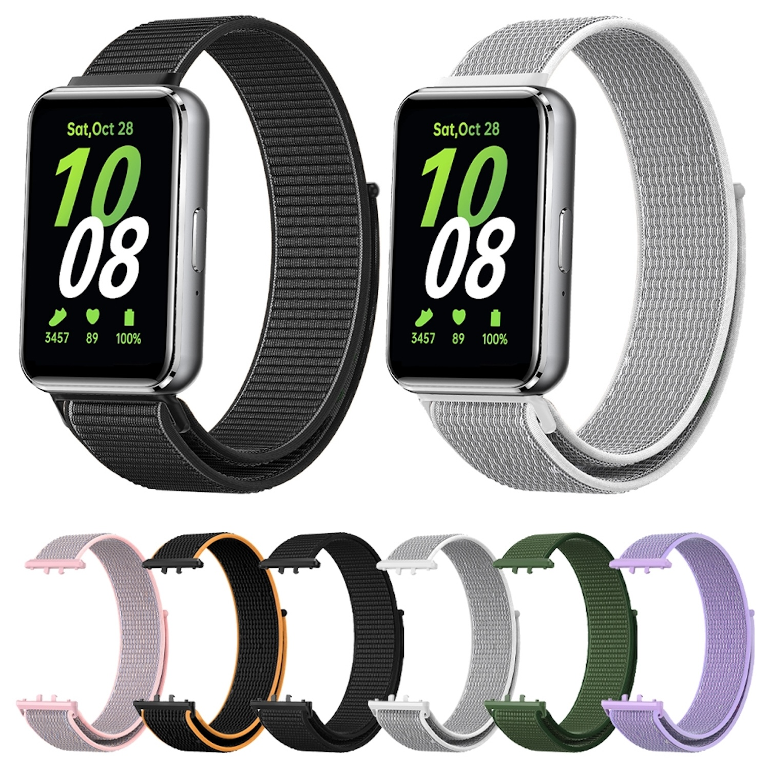 Zwei Smartwatches mit verschiedenen farbigen Armbändern auf weißer Oberfläche, zeigen Datum und Uhrzeit.