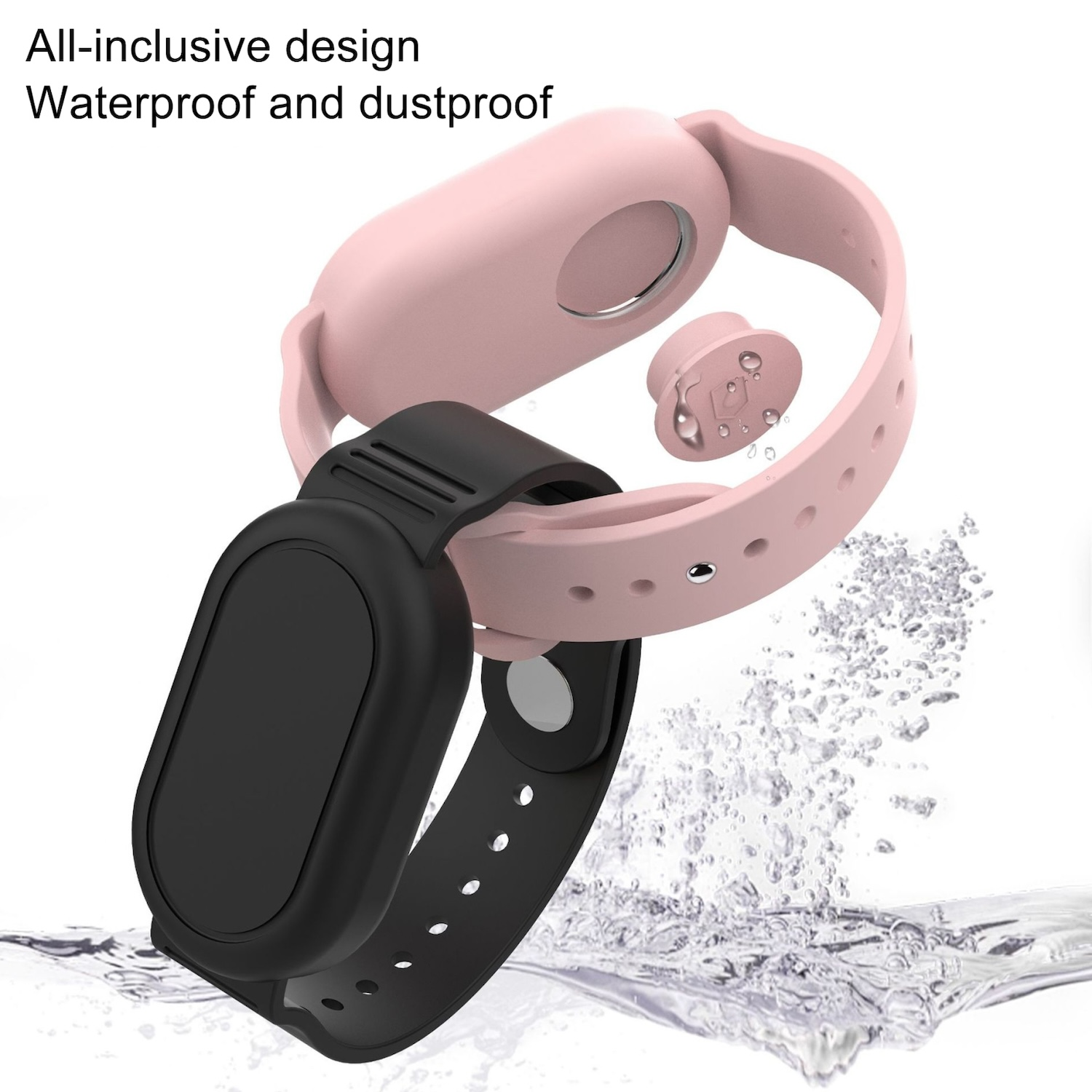 Zwei tragbare Fitness-Tracker, rosa und schwarz, mit Wassertropfen. Text sagt 'All-inclusive Design' und 'Waterproof'.