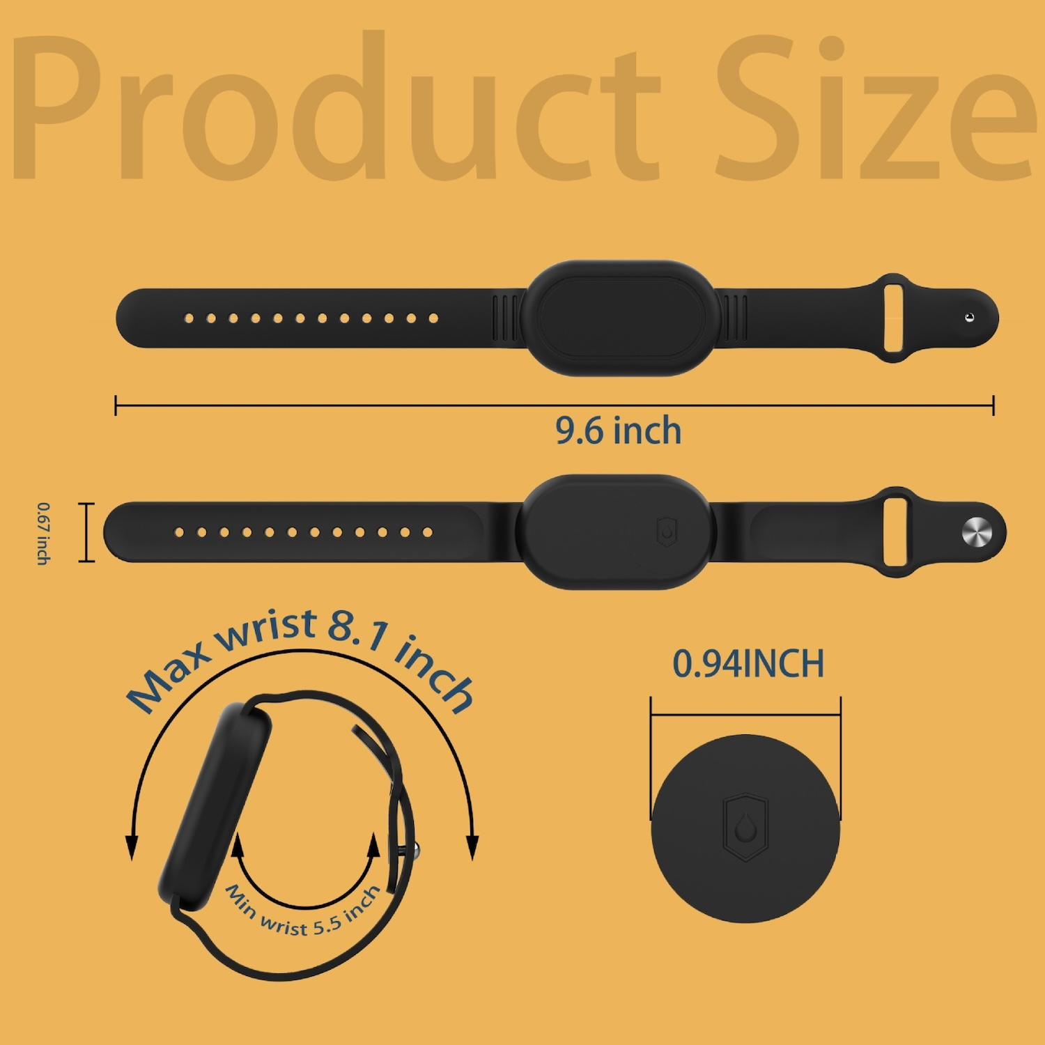 Schwarzes Armband mit Abmessungen. Zeigt Länge und Handgelenkgröße des Bandes.