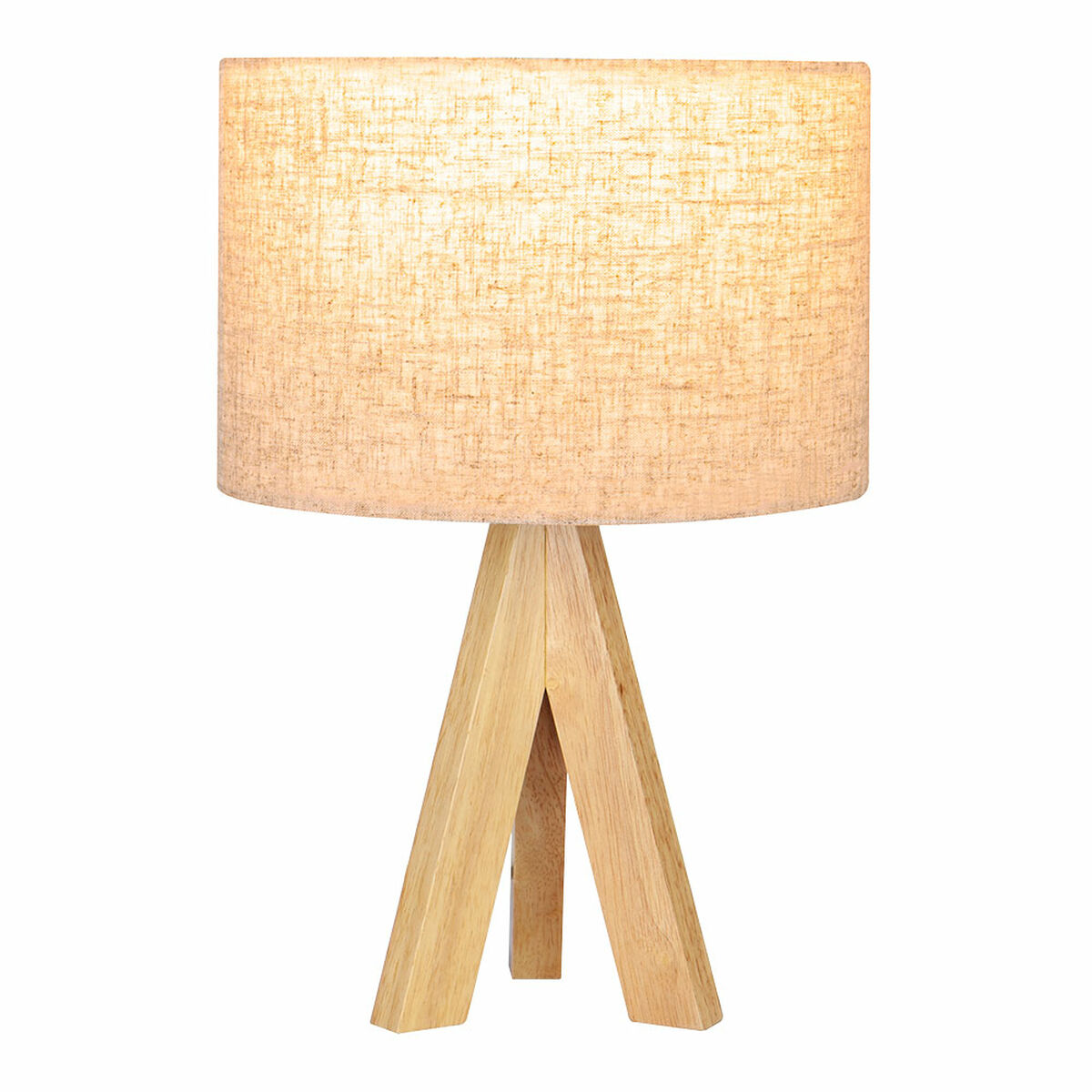 Eine Tischlampe aus Holz mit einem beigefarbenen Leinenschirm. Der Fuß besteht aus drei Holzbeinen.