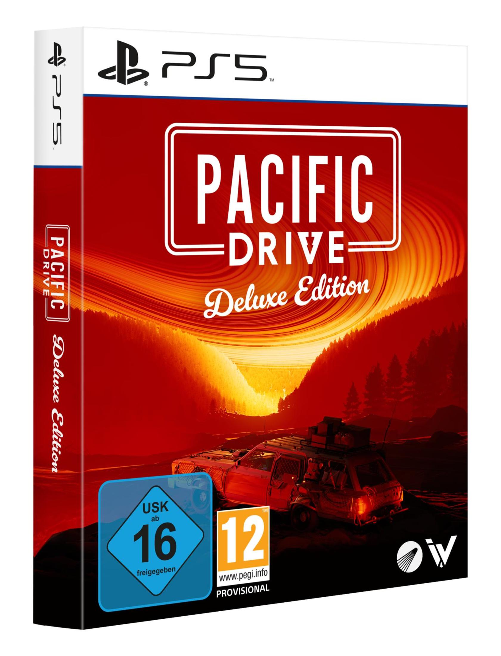 Spielbox für "Pacific Drive". Die Box ist rot mit einer Auto-Illustration.
