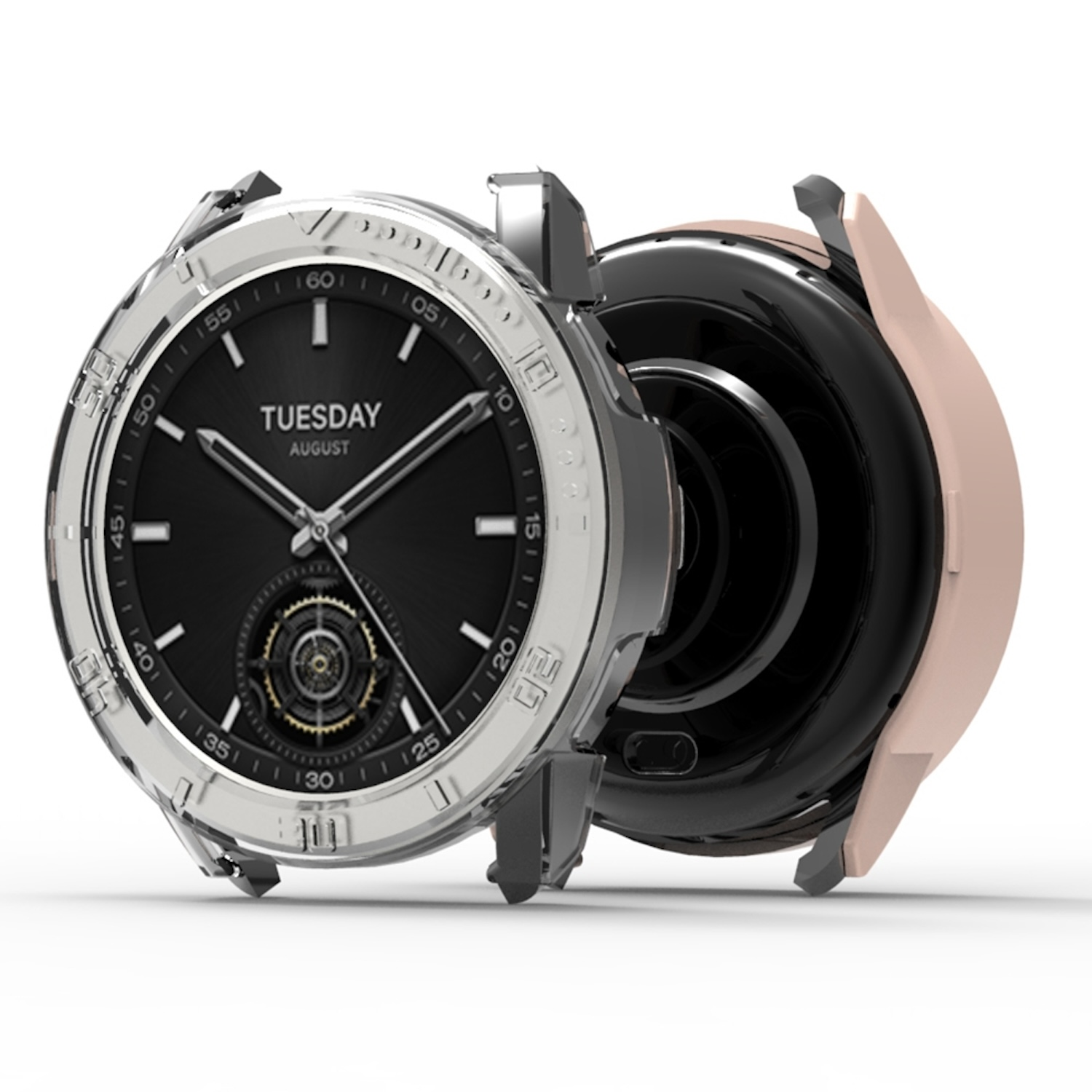 Eine Uhr mit schwarzem Zifferblatt und einer silbernen und pinkfarbenen Lünette. Das Datum ist Dienstag, August.