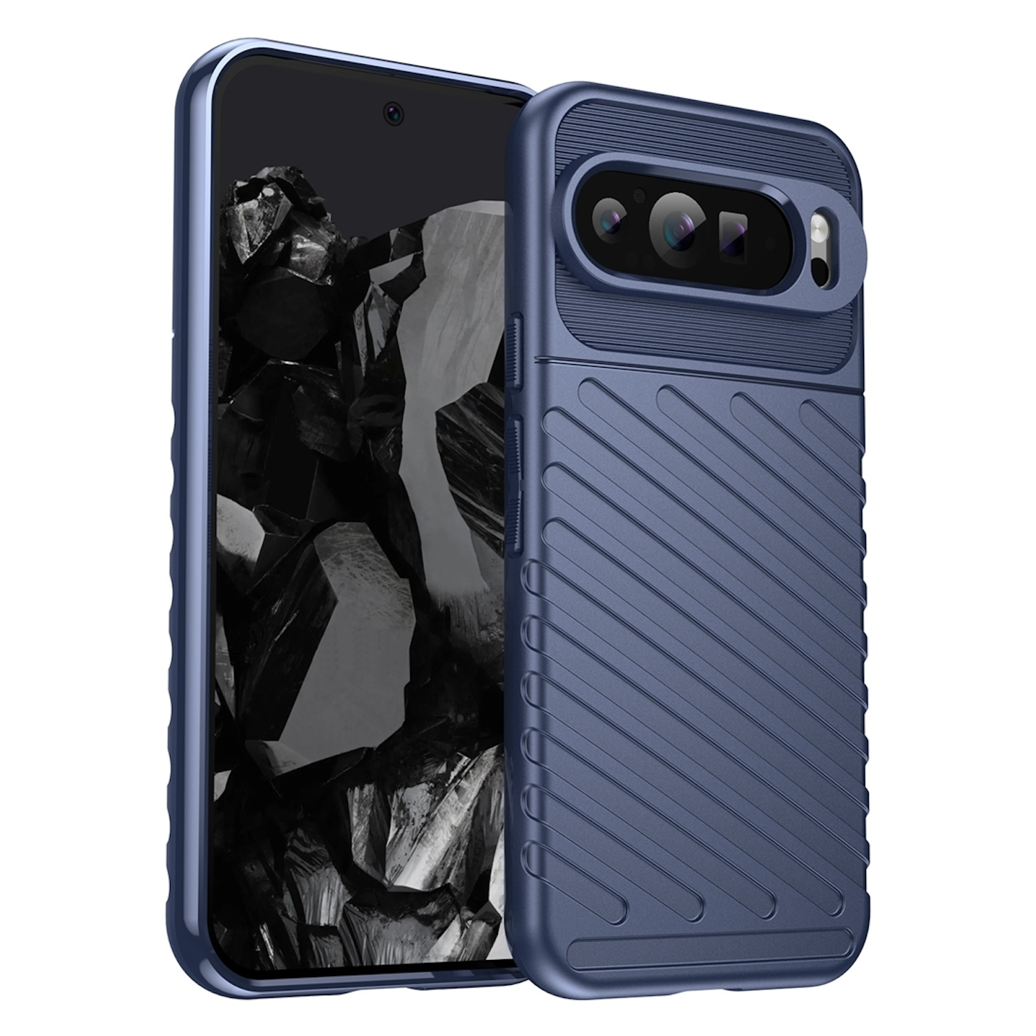 Blaue Handyhülle auf einem Handy. Die Hülle hat ein strukturiertes Design und schützt die Handykamera.