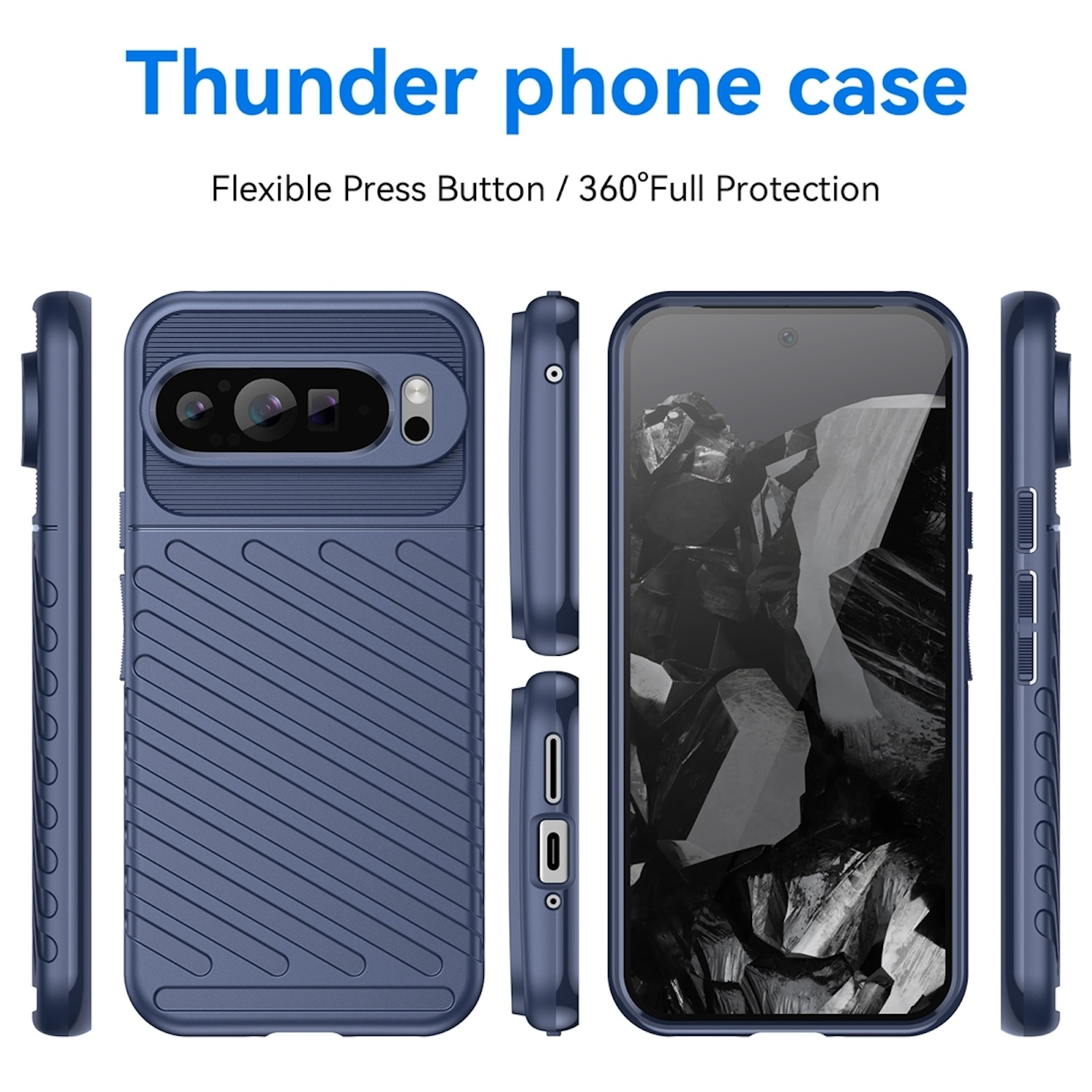 Mehrere Ansichten einer blauen Handyhülle mit strukturiertem Design. Weißer Hintergrund.