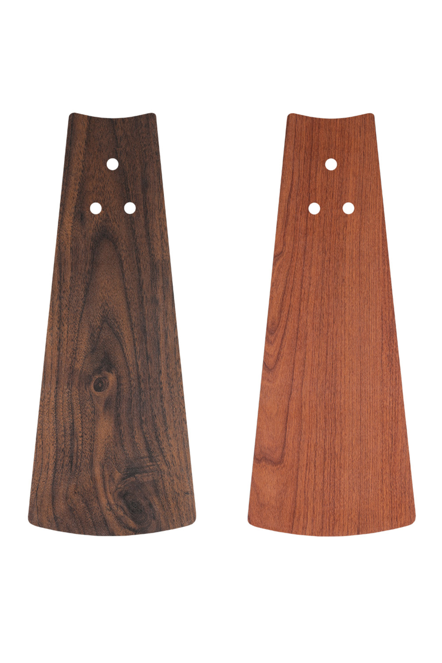 Due pale di ventilatore in legno, una marrone scuro e una chiaro, con tre fori ciascuna, su sfondo bianco.