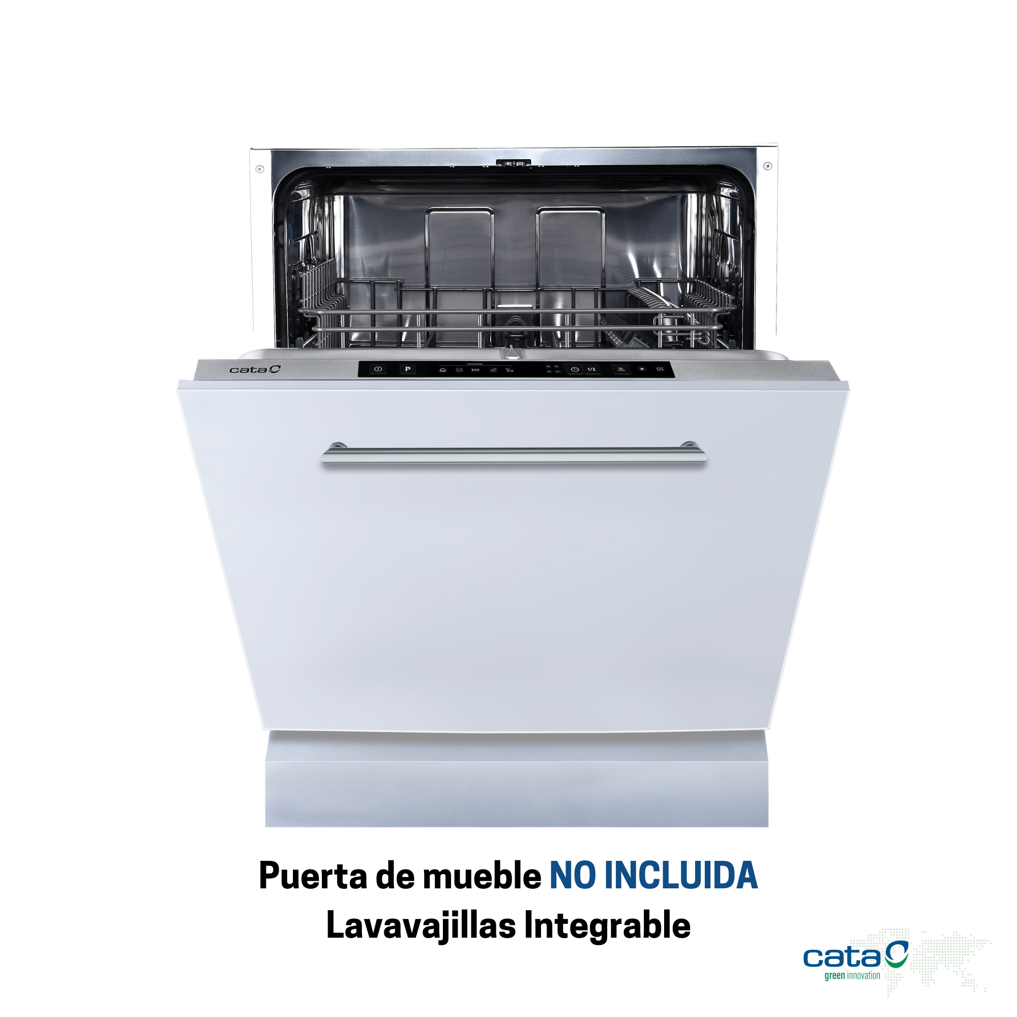 Lavavajillas integrado blanco con puerta abierta, mostrando las rejillas internas.