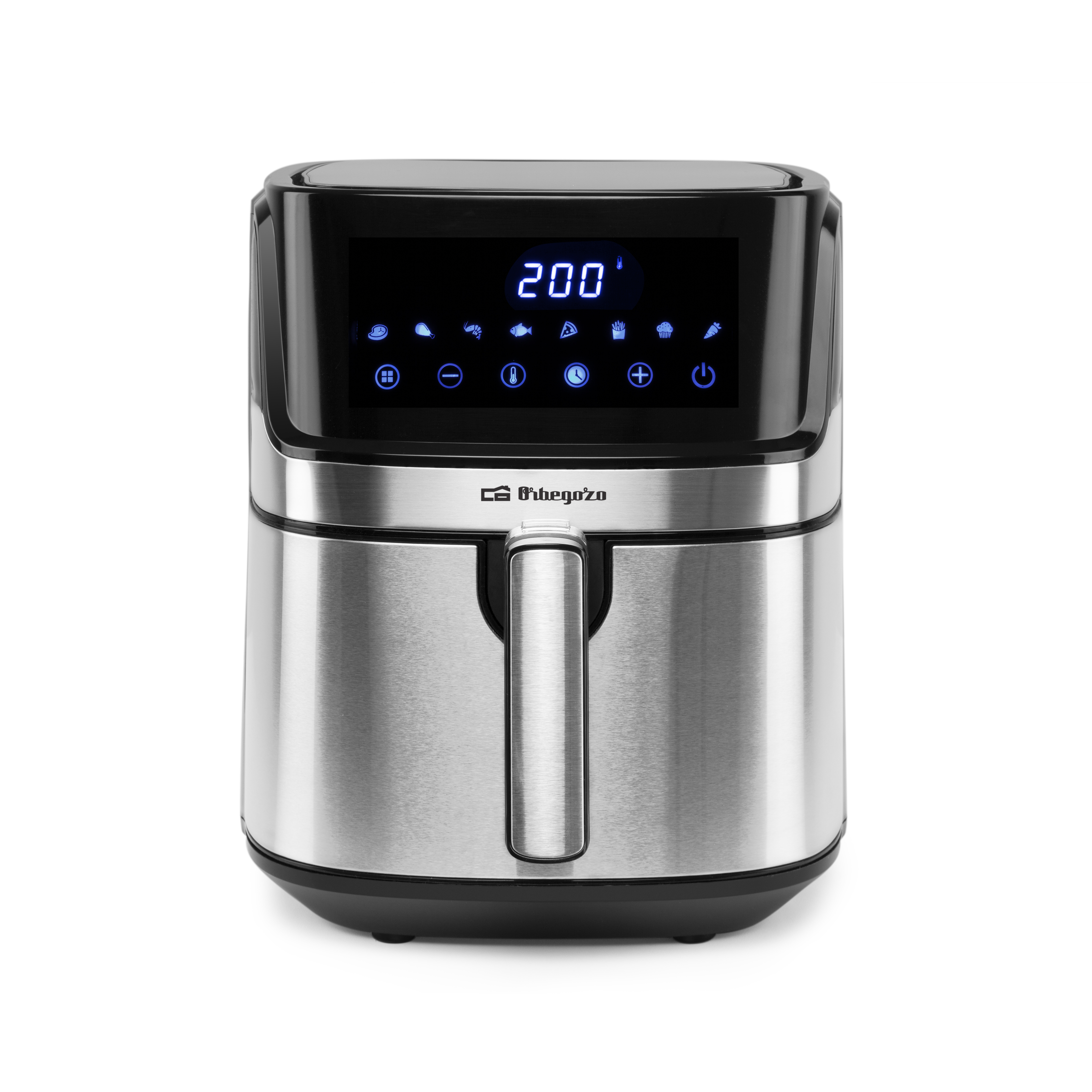Friggitrice ad aria argento e nera con display digitale '200' e pulsanti pannello comandi.