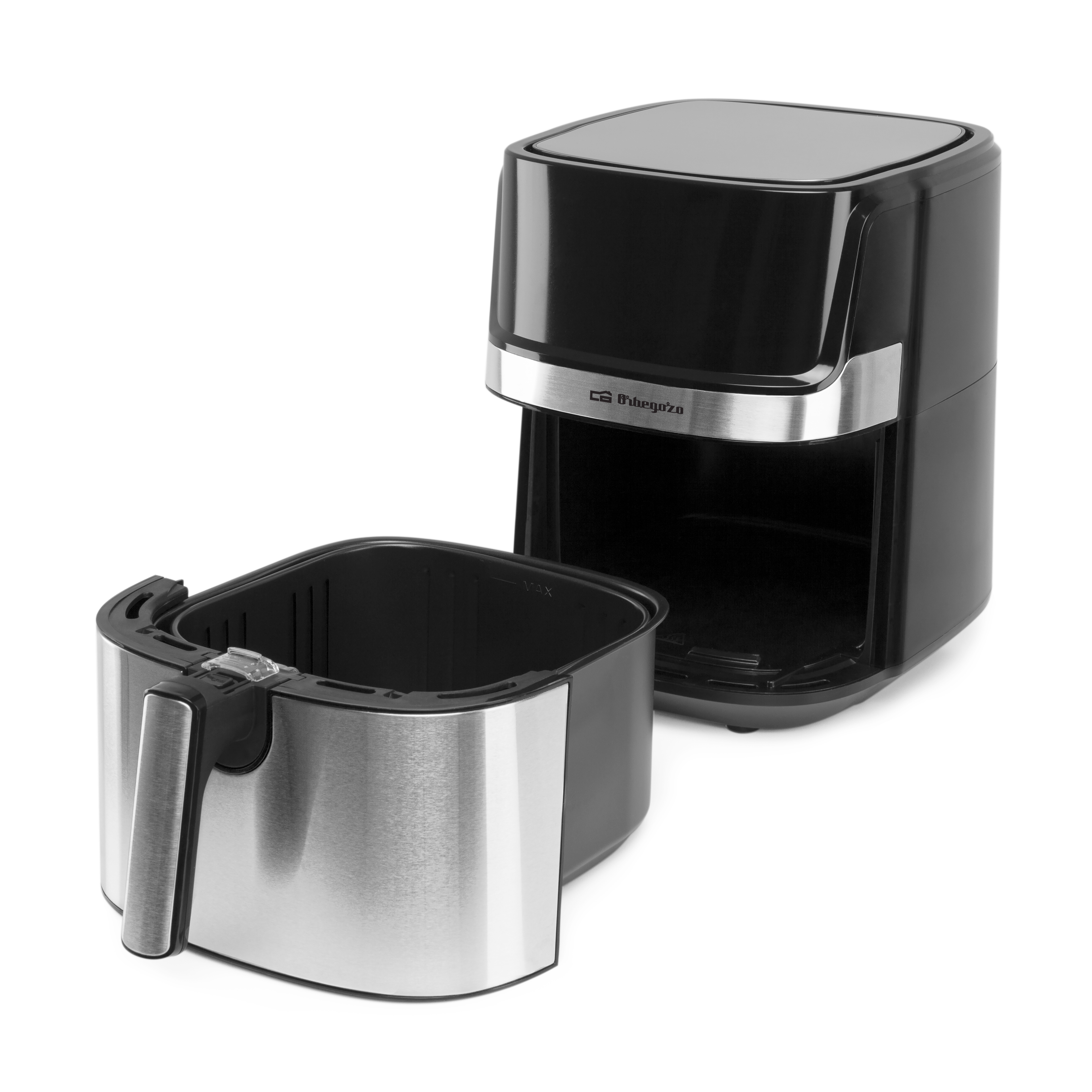 Friggitrice ad aria nera e argento con cestello rimosso.
