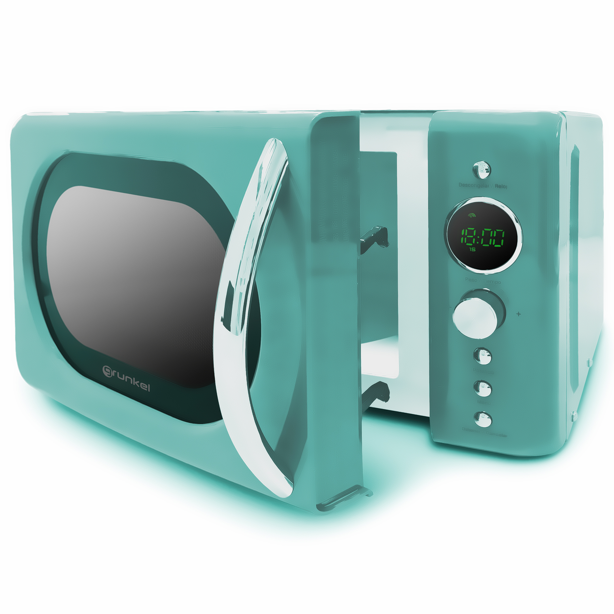 Horno microondas turquesa con puerta abierta, pantalla digital y asa cromada.