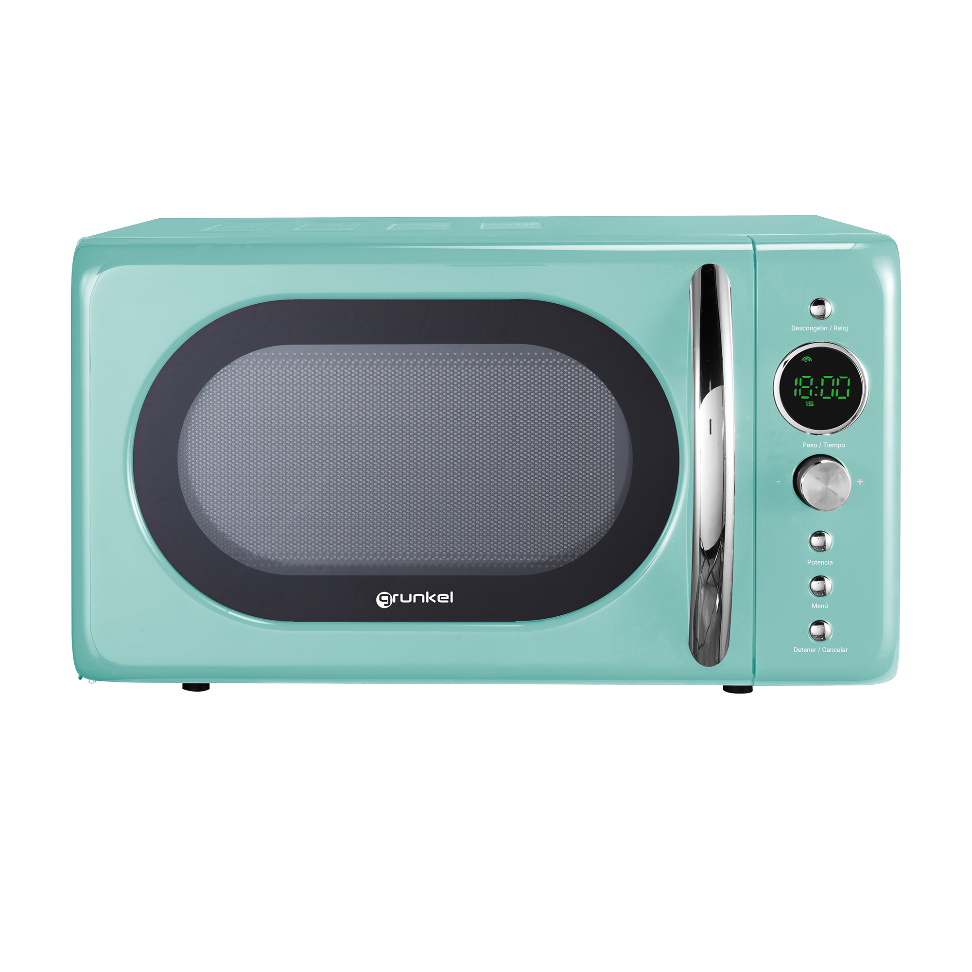 Microondas verde menta con diseño retro. Controles a la derecha.