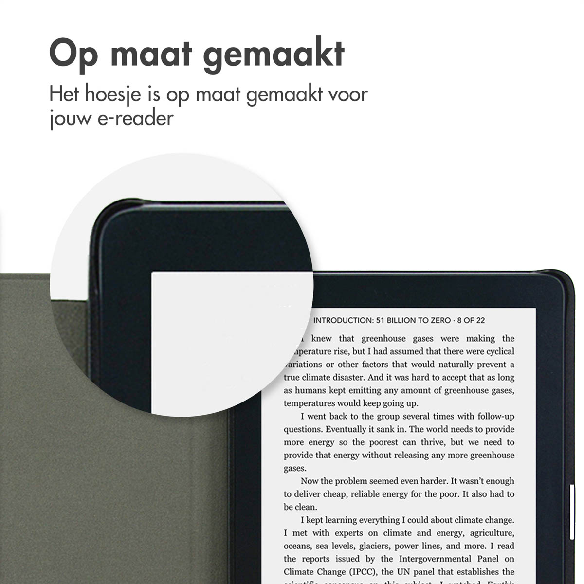 An e-reader in a gray cover, open to reveal text. Text is about climate change.