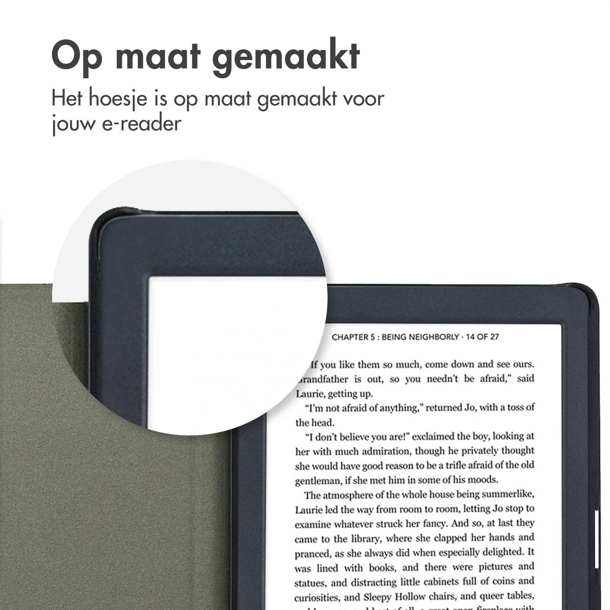 Une liseuse dans un étui, affichant le texte d'un livre, avec un fond gris clair.