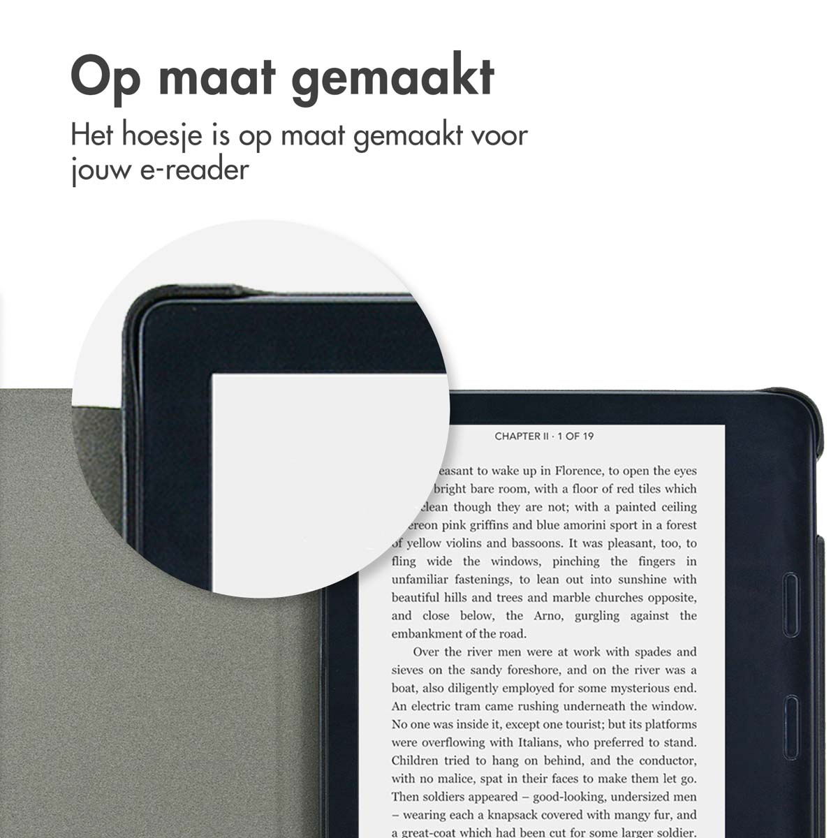Een e-reader in een hoes, met tekst uit een boek, met een lichtgrijze achtergrond.