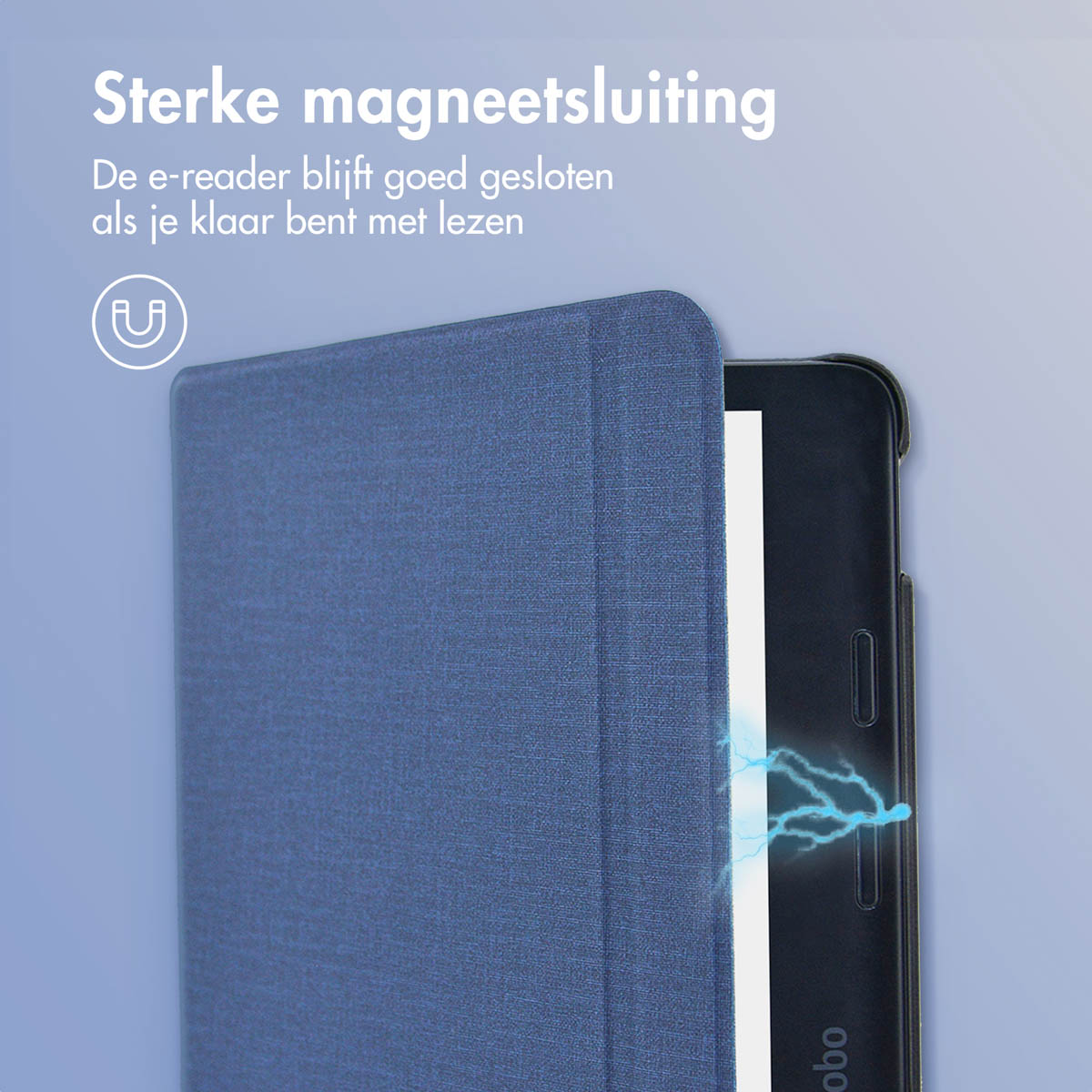 Couverture bleue pour liseuse avec fermeture magnétique puissante et icône éclair.