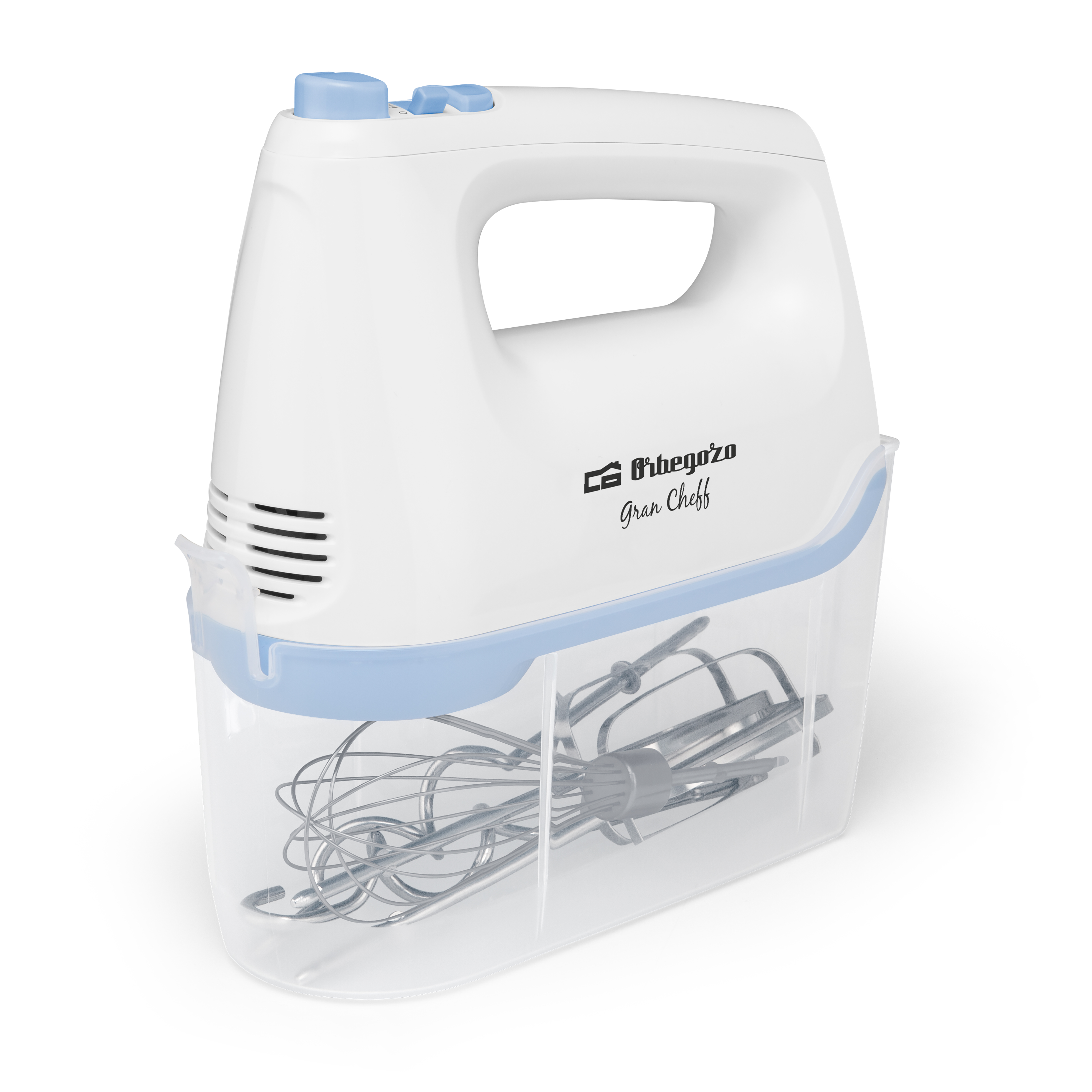 Batidora de mano blanca y azul con accesorios en un recipiente transparente. Obegoz gran cheff.