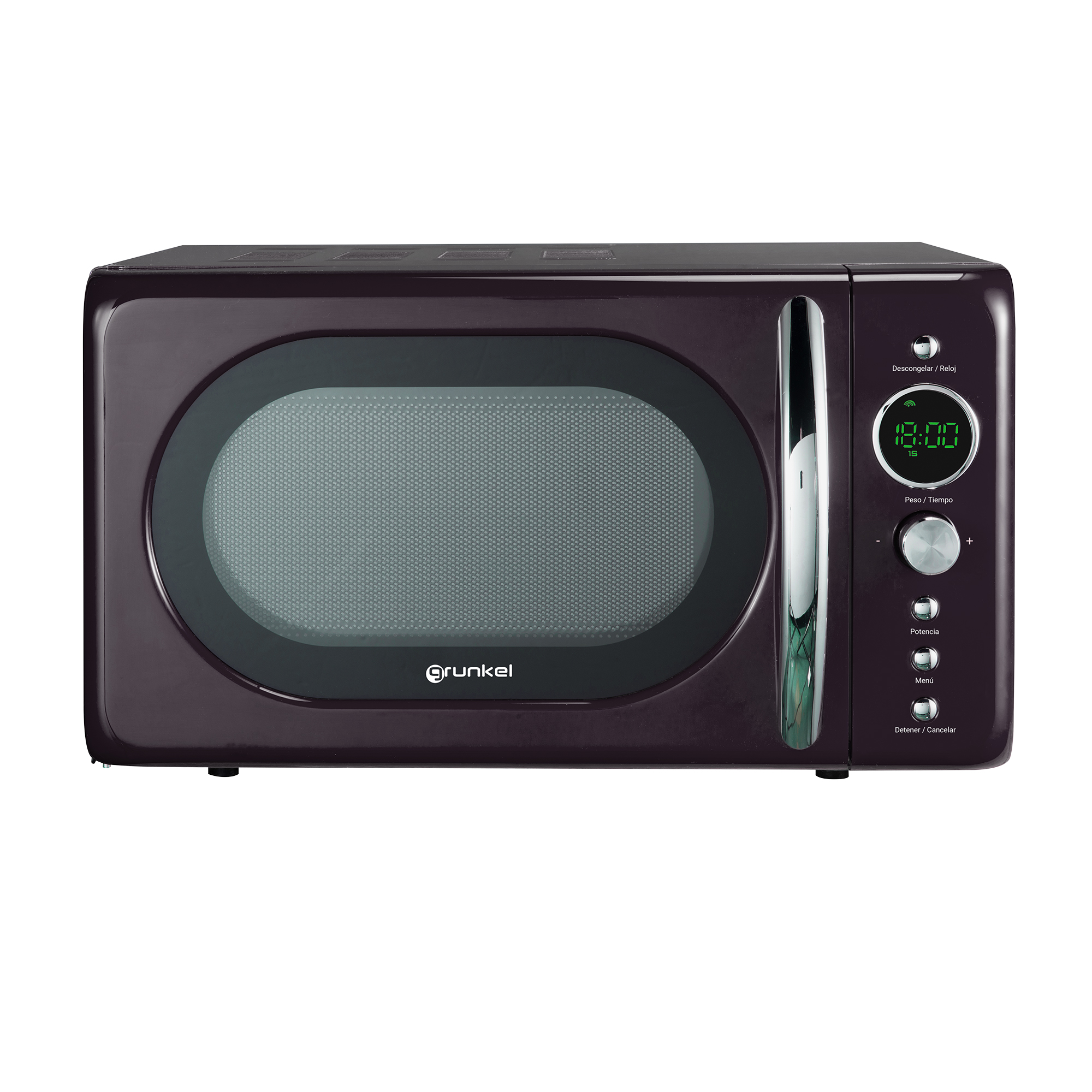 Horno microondas púrpura oscuro con pantalla digital y manija.