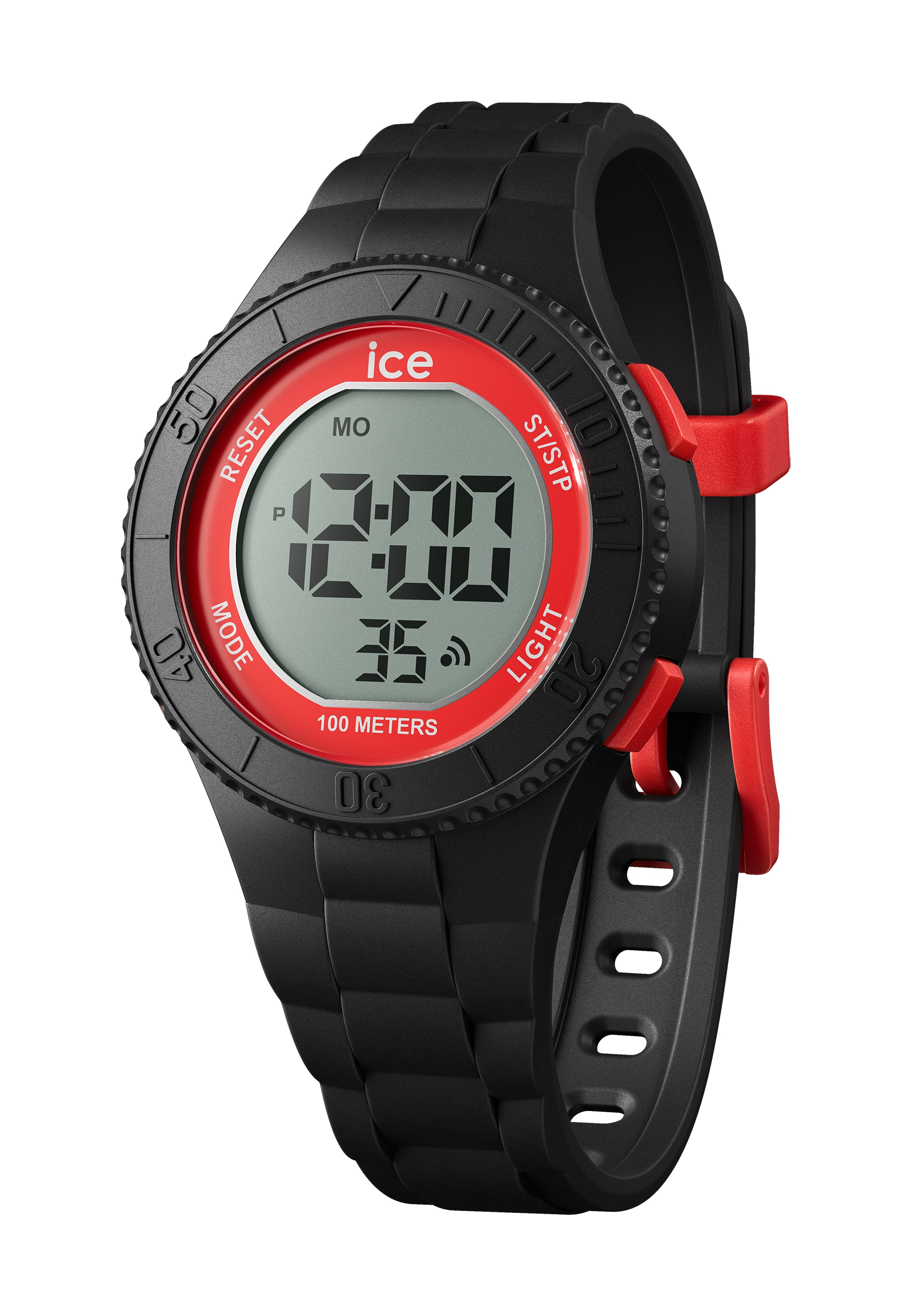 Orologio Ice nero con lunetta rossa, display digitale con ora e pulsanti rossi.