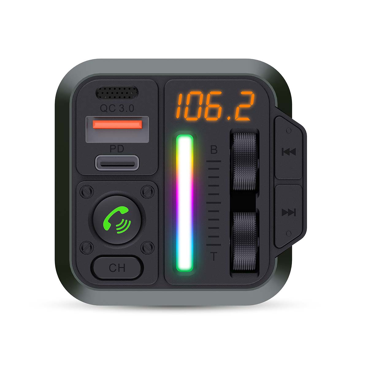 Ein schwarzes Gerät mit einem Display, das eine Frequenz, Tasten und einen USB-Anschluss anzeigt.