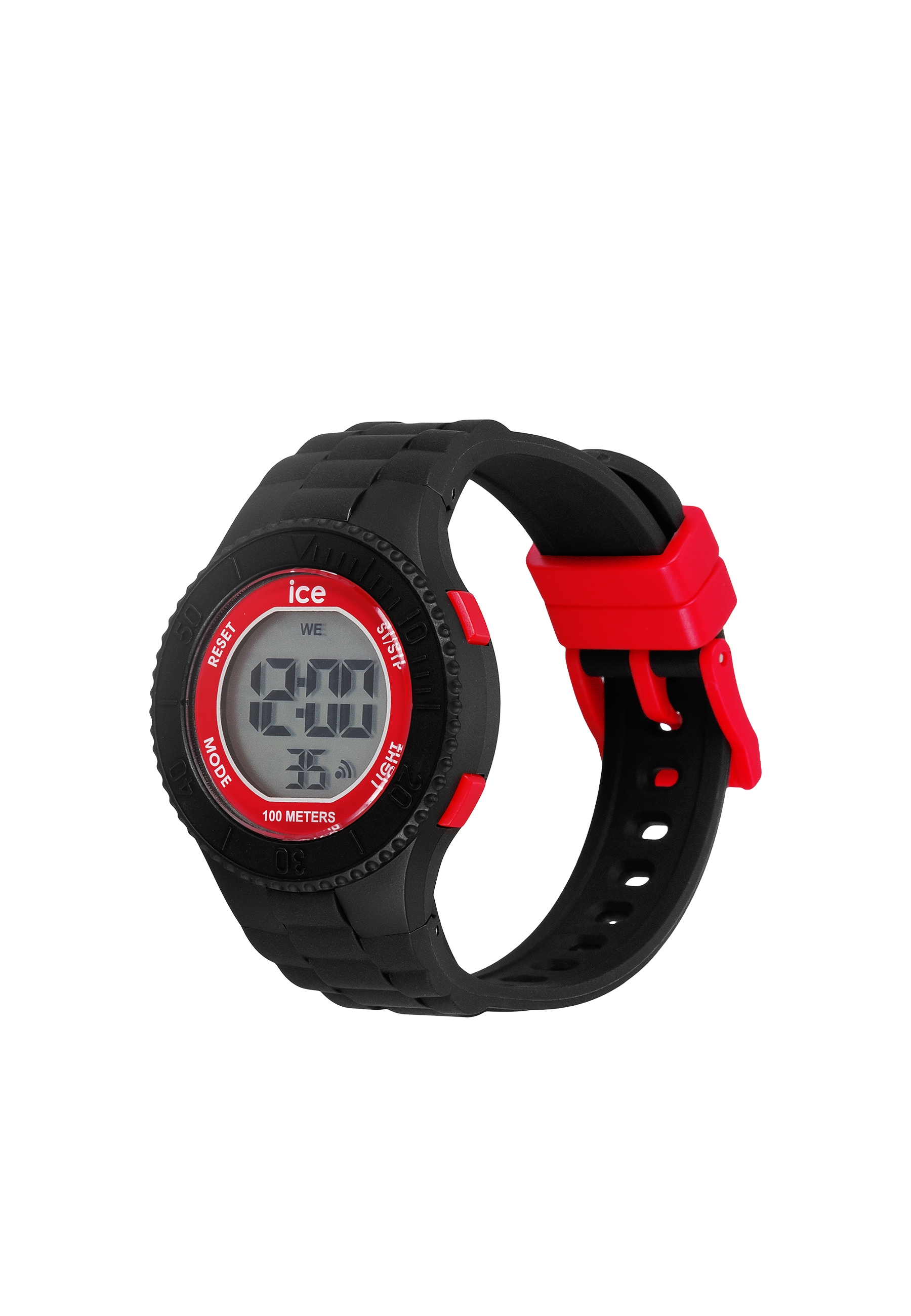 Un orologio digitale nero con cinturino rosso e nero. Mostra l'ora 12:00.