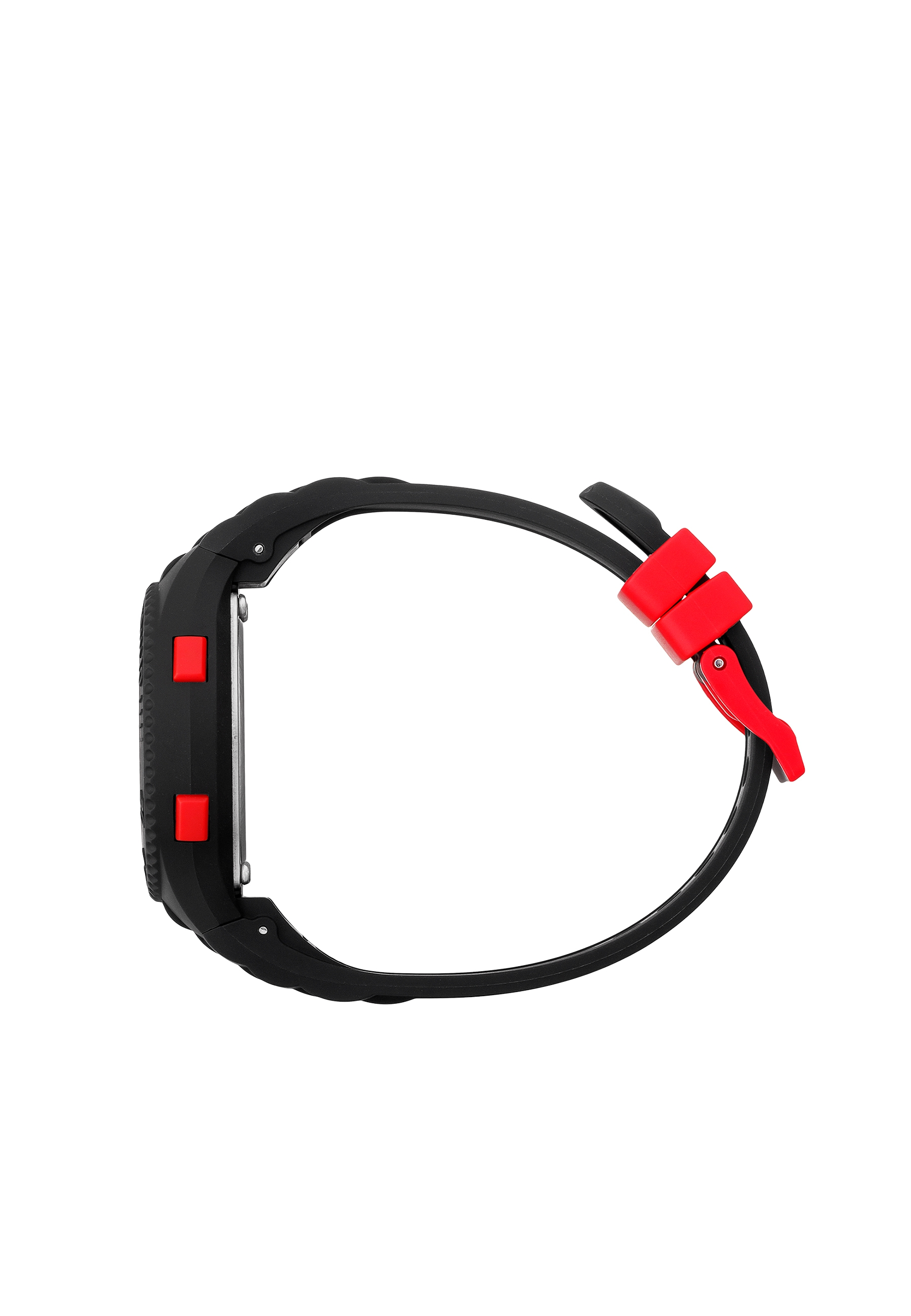 Orologio digitale nero con dettagli rossi su sfondo bianco.