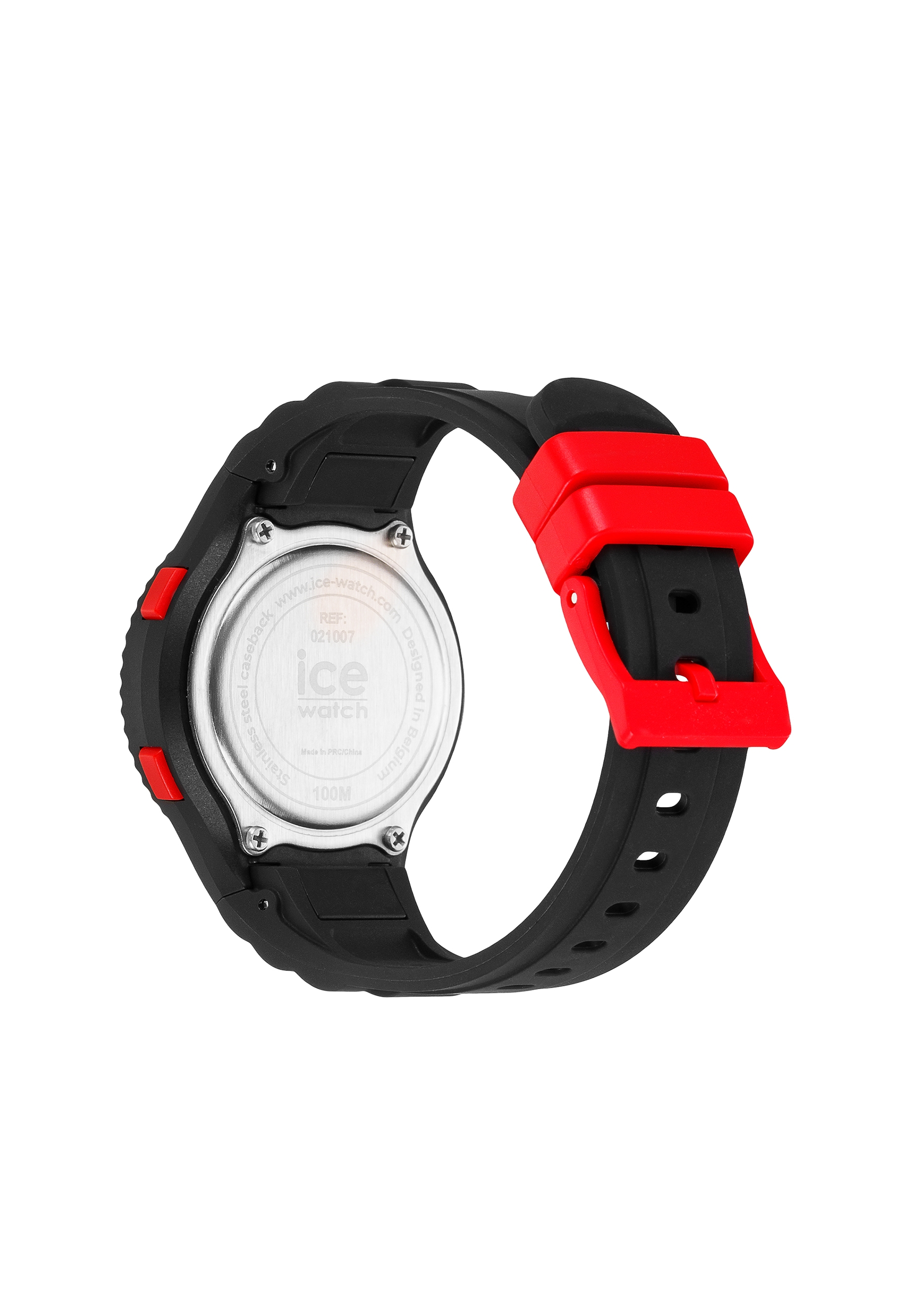 Orologio nero e rosso, vista posteriore. Il cinturino è nero e rosso. Su superficie bianca.