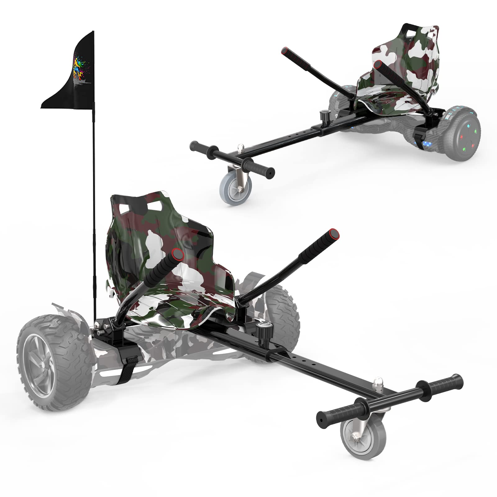 Zwei Camo-Hoverboard-Go-Karts, eins mit schwarzer Flagge. Die Sitze sind grün und braun.