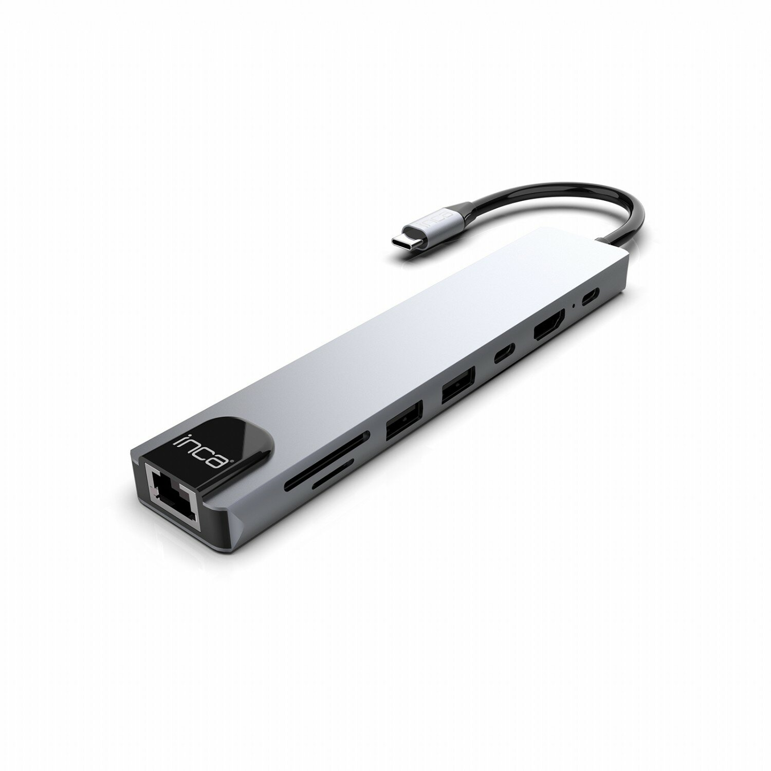 Hub USB-C Inca argentato con più porte: HDMI, USB, SD ed Ethernet.