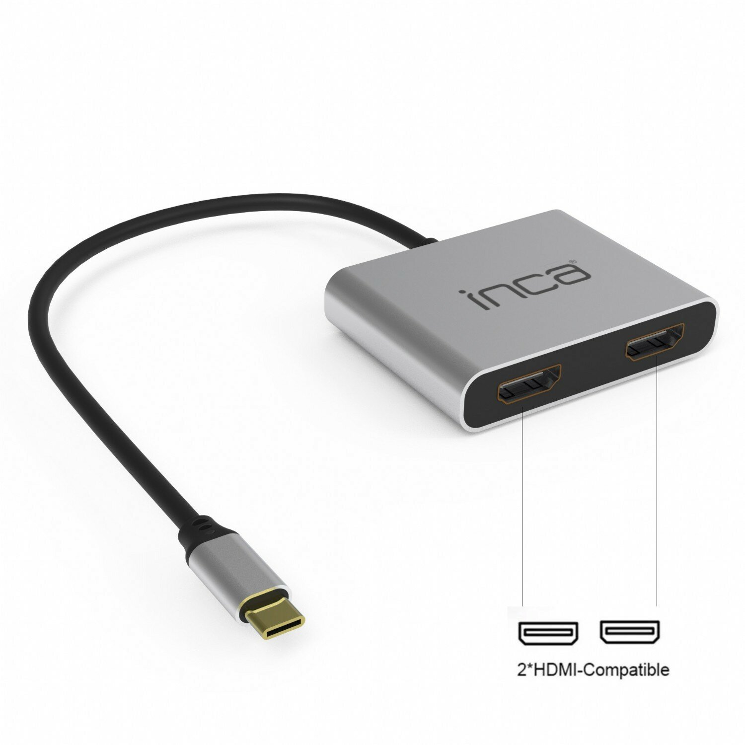 Adattatore HDMI argento con cavo nero e connettore USB-C, isolato su sfondo bianco.