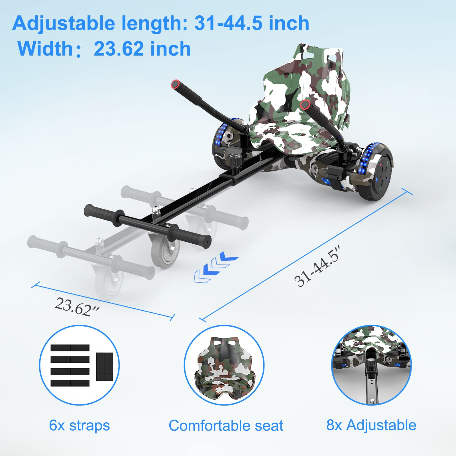 Hoverboard-Sitzbefestigung mit Abmessungen. Der Sitz ist Camouflage. Gurte und verstellbare Stangen.