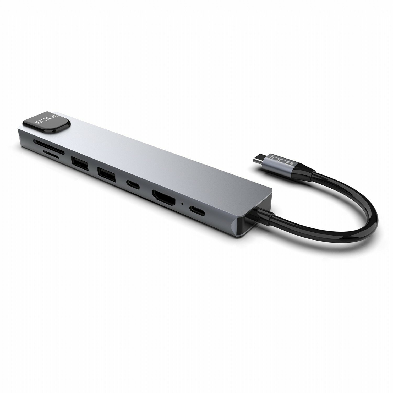 Adattatore multiporta argento e nero con cavo USB-C.