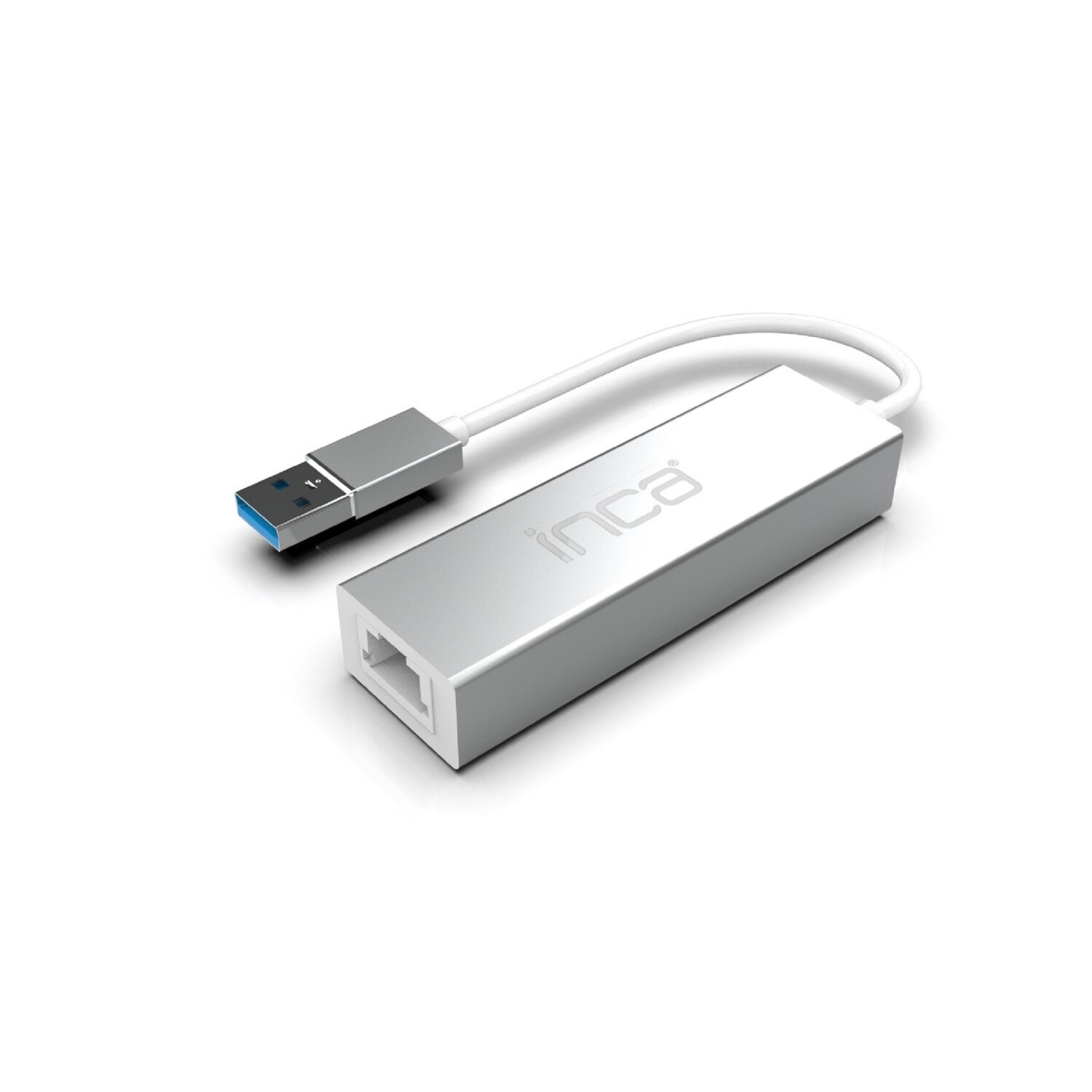 Silberner Inca USB-zu-Ethernet-Adapter mit weißem Kabel und blauem USB-Anschluss.