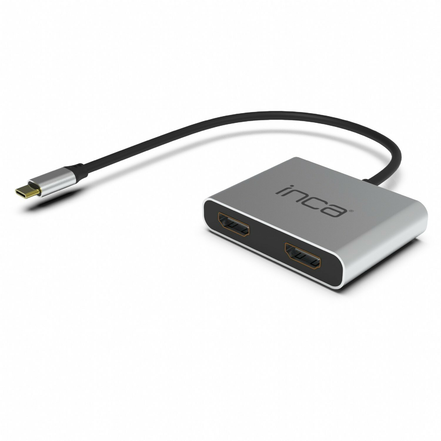 Un adattatore HDMI argentato con connettore USB-C. Ha due porte HDMI e un cavo nero.