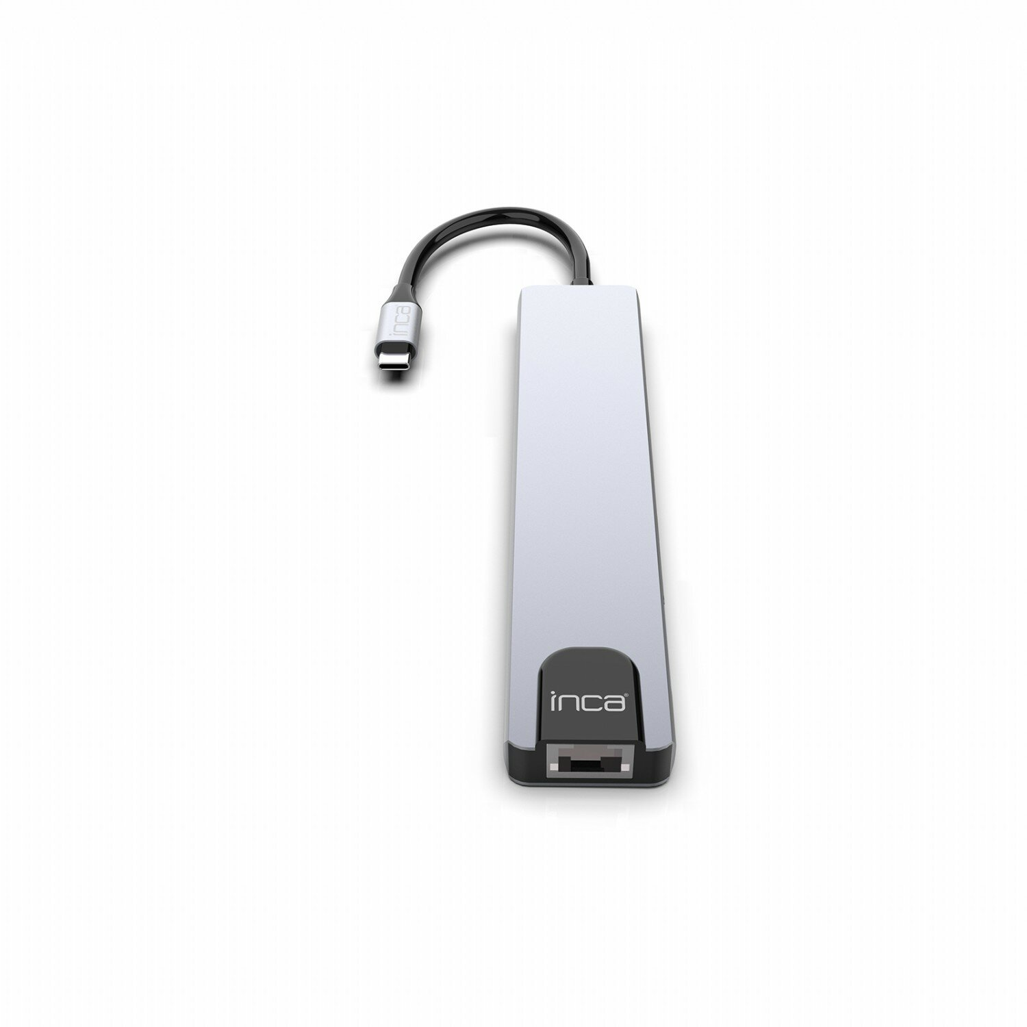 Hub Inca USB-C argentato con cavo nero, su sfondo bianco. Il logo Inca è visibile.