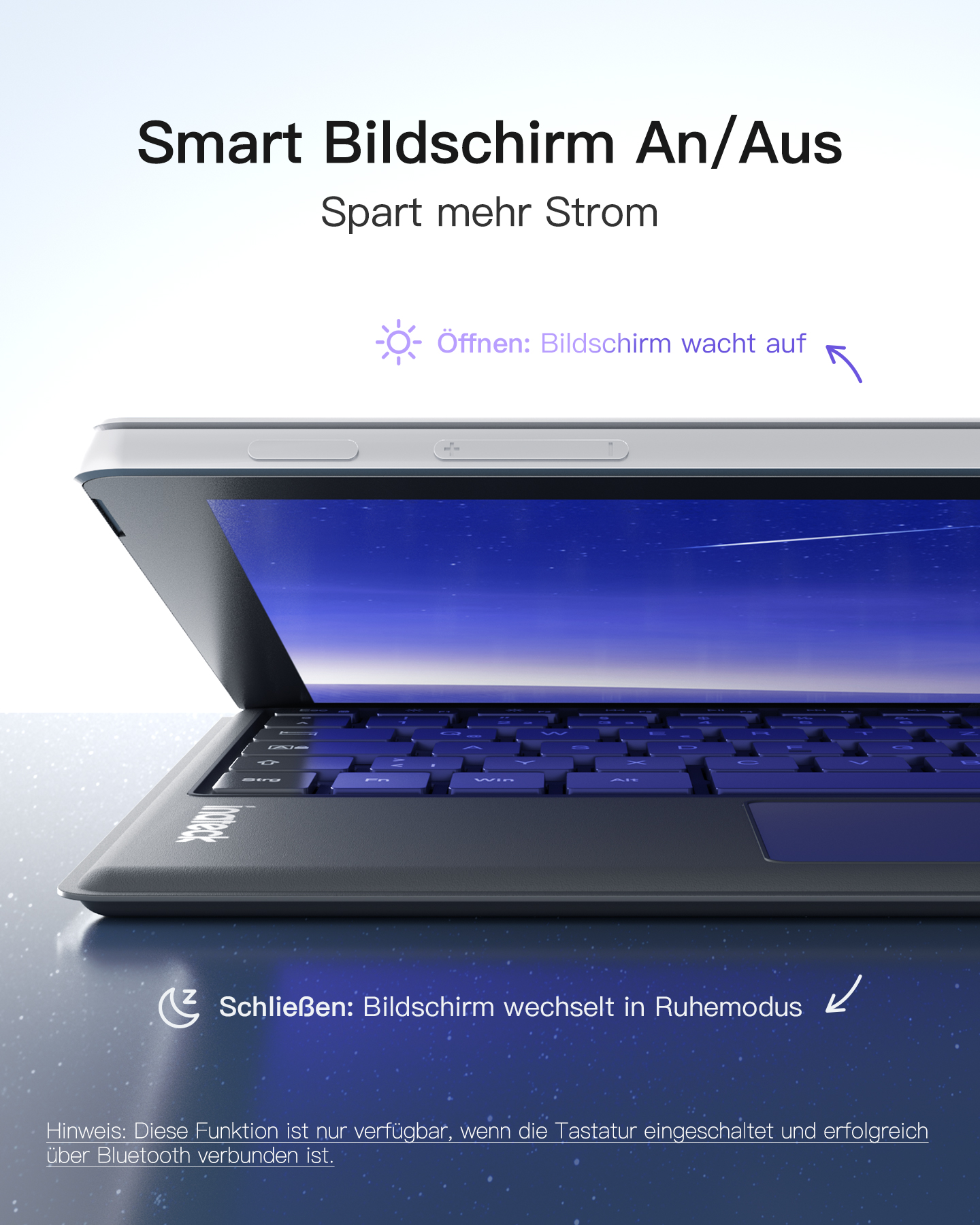Eine Tablet-Tastaturhülle mit Text über die Bildschirmbedienung: Öffnen und Schließen. Der Bildschirm ist blau.