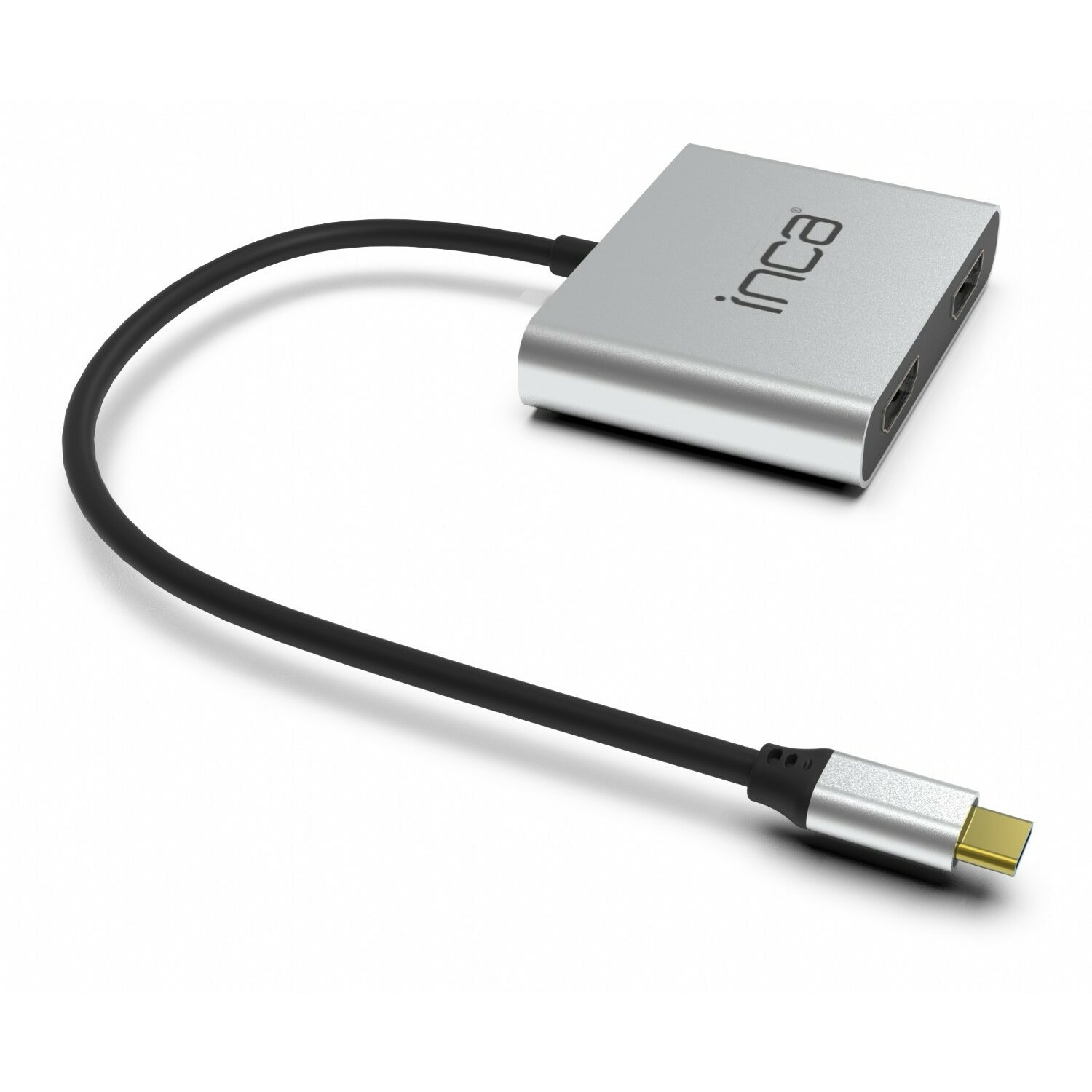 Cavo adattatore da USB-C a HDMI argentato con cavo nero, su una superficie bianca. Il marchio INCA è sull'adattatore.