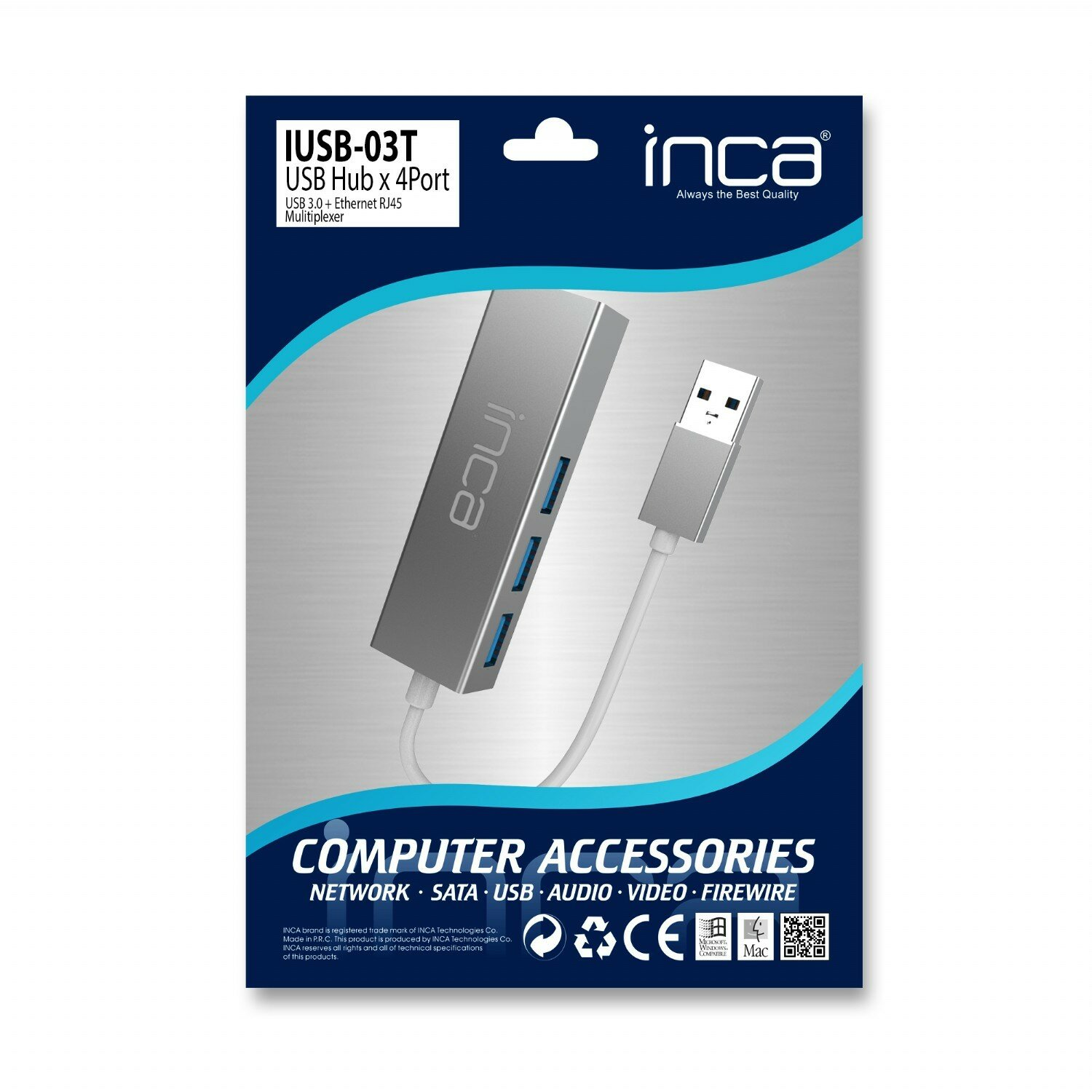USB-Hub-Verpackung. Der Hub ist silberfarben und hat 4 Anschlüsse. Die Verpackung ist blau-weiß.