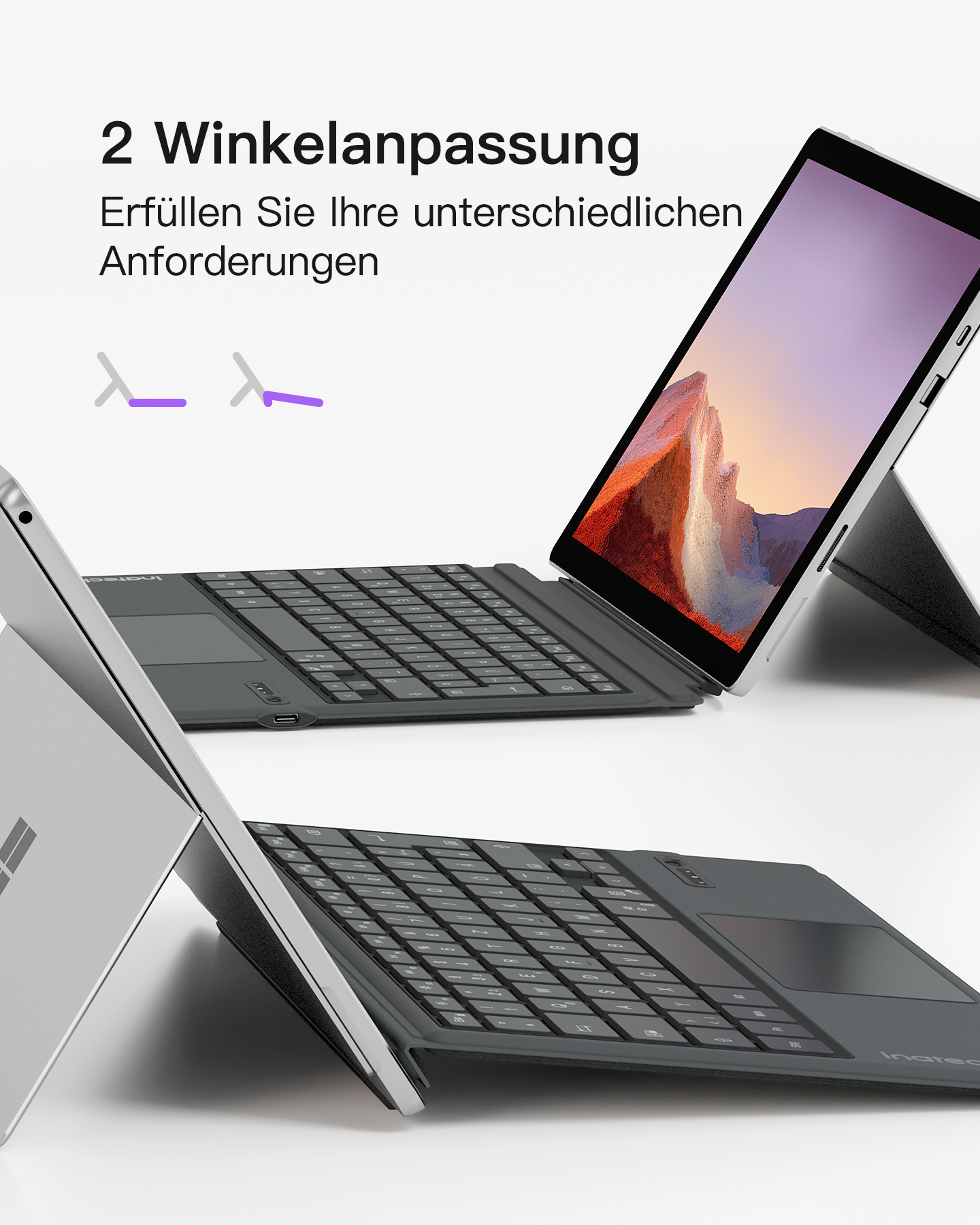 Zwei Laptops mit Tastaturen. Einer steht aufrecht. Text: 2 Winkelanpassung. Erfüllung Ihrer Anforderungen.
