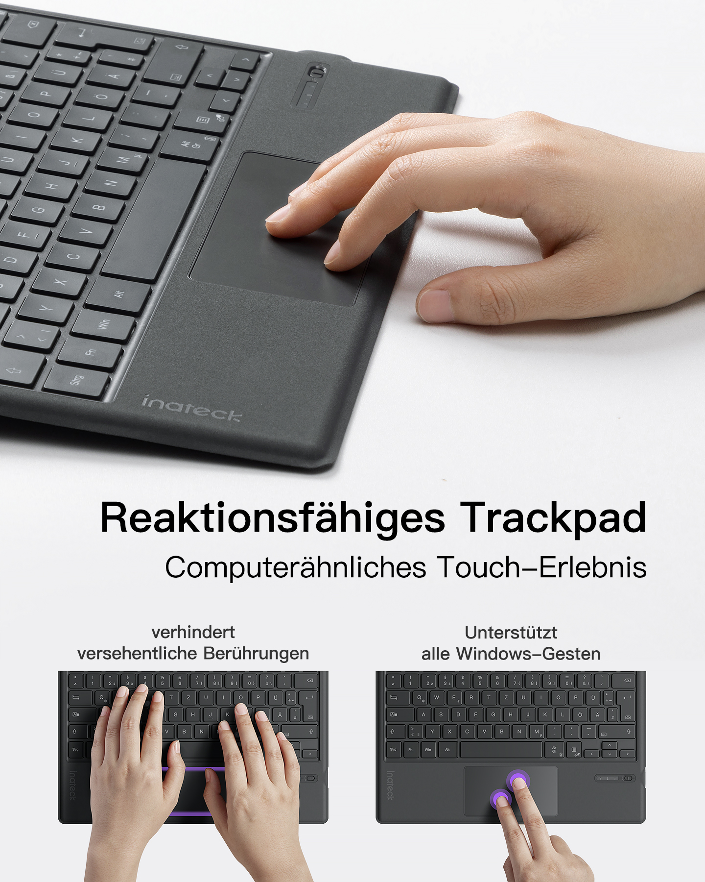 Eine Hand benutzt ein Touchpad auf einer dunkelgrauen Tastatur.