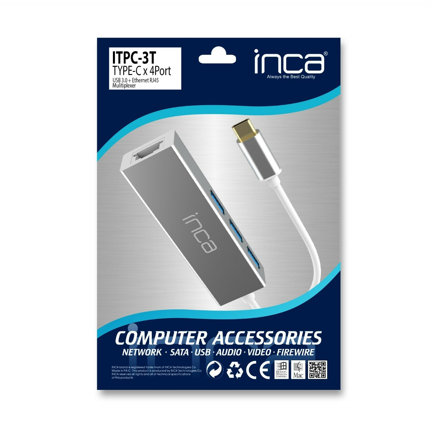 Silberner USB-C-Adapter mit mehreren Anschlüssen. Verpackung enthält Markenname, Produktinfo: Computerzubehör.