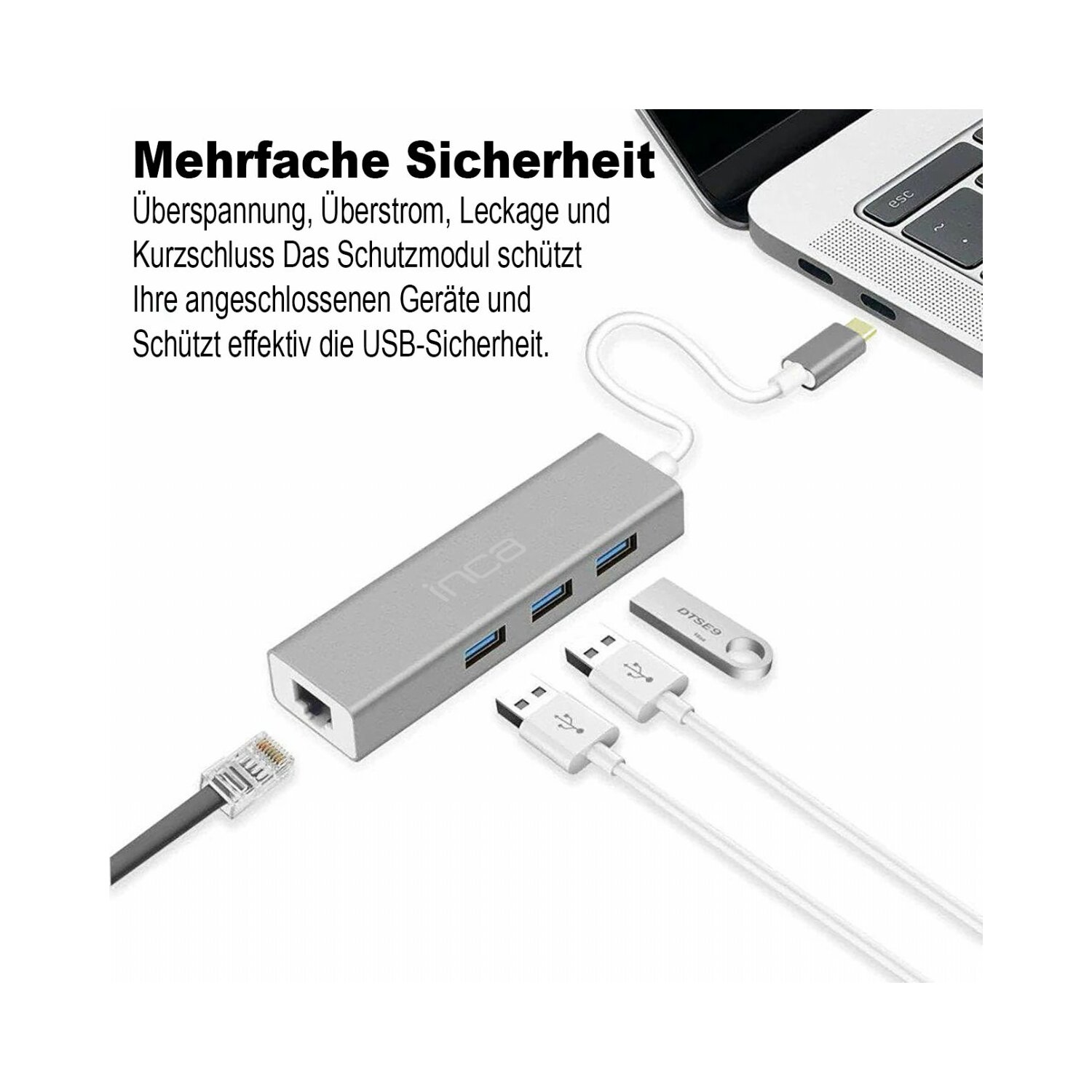 USB-Hub mit Kabeln. Silberner Hub mit Ethernet-, USB- und USB-C-Anschlüssen. Mehrere Kabel sind angeschlossen.