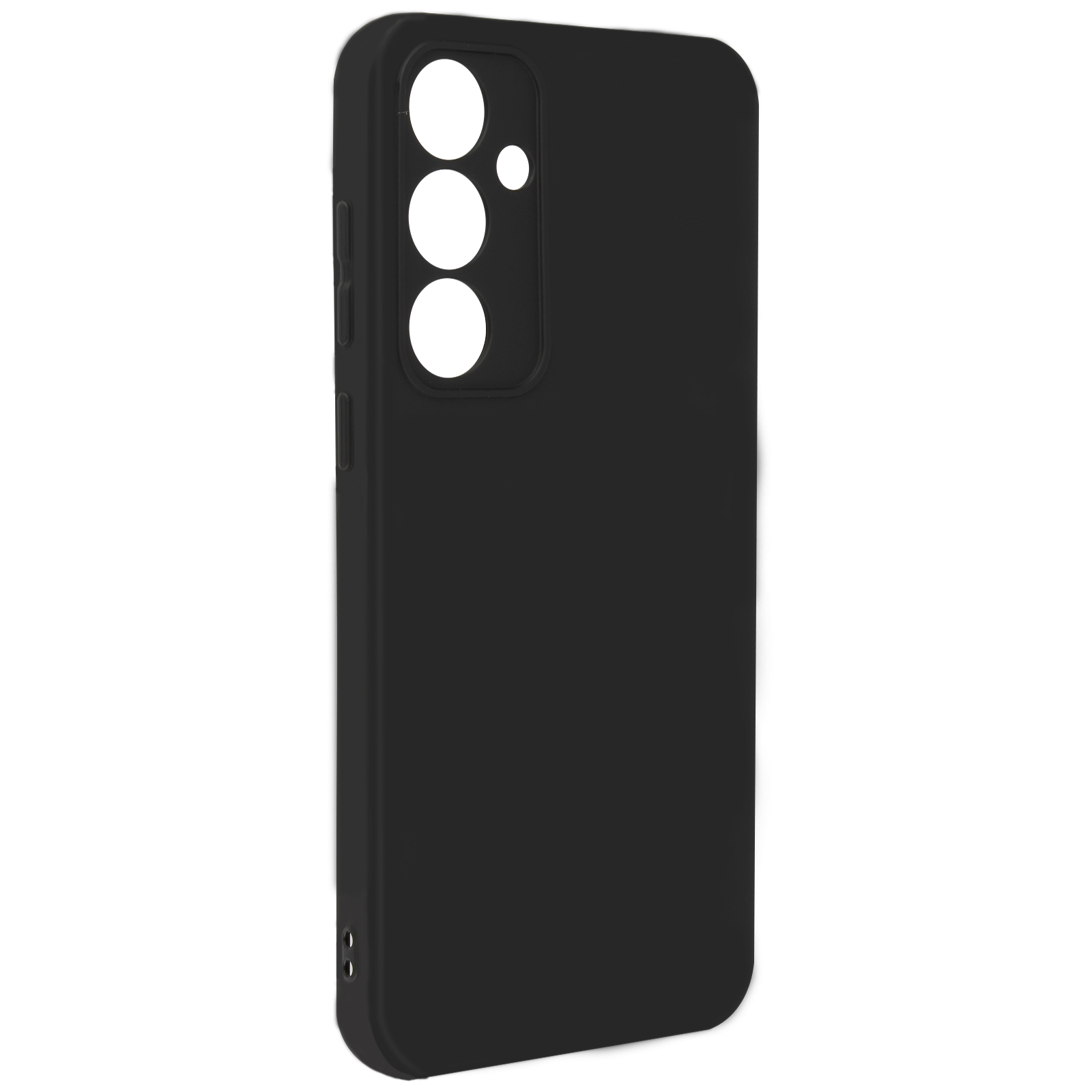 Custodia nera per telefono con fori per fotocamera. Sfondo bianco.