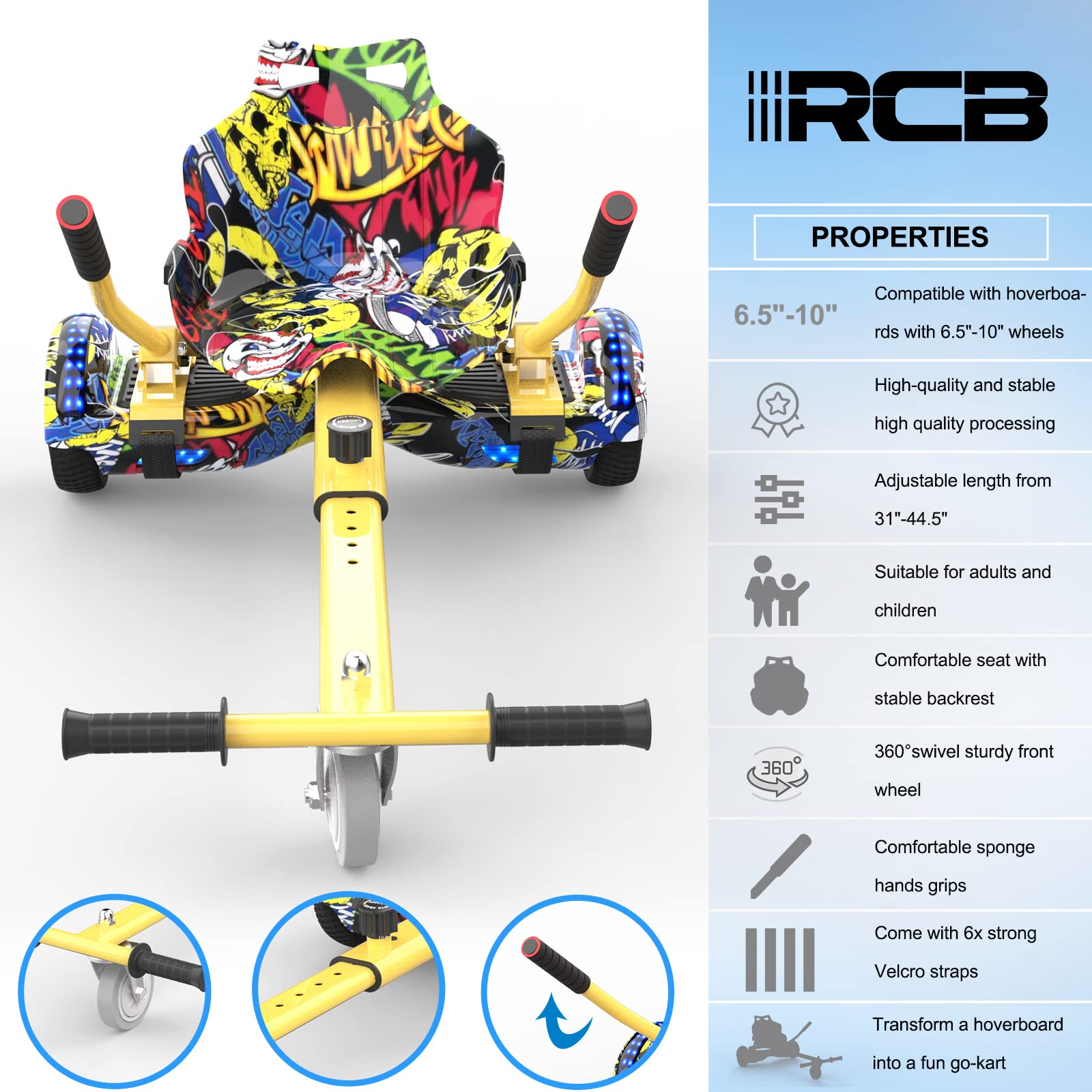 Gelbes Go-Kart mit farbenfrohem Design, Text: RCB und Funktionsbeschreibung.