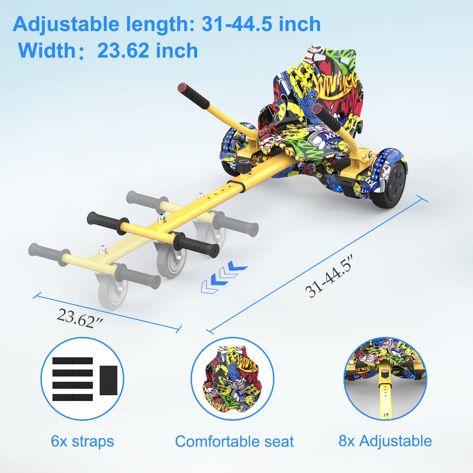 Ein gelbes Hoverboard mit farbenfrohem Sitz und Grafik, Abmessungen sind ebenfalls angegeben.