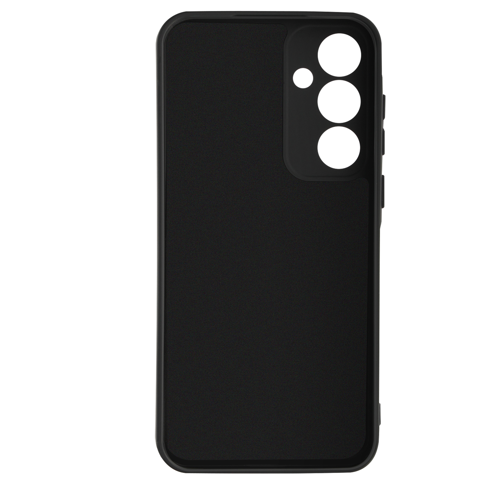 Custodia nera per telefono con ritagli per fotocamera, su sfondo bianco.