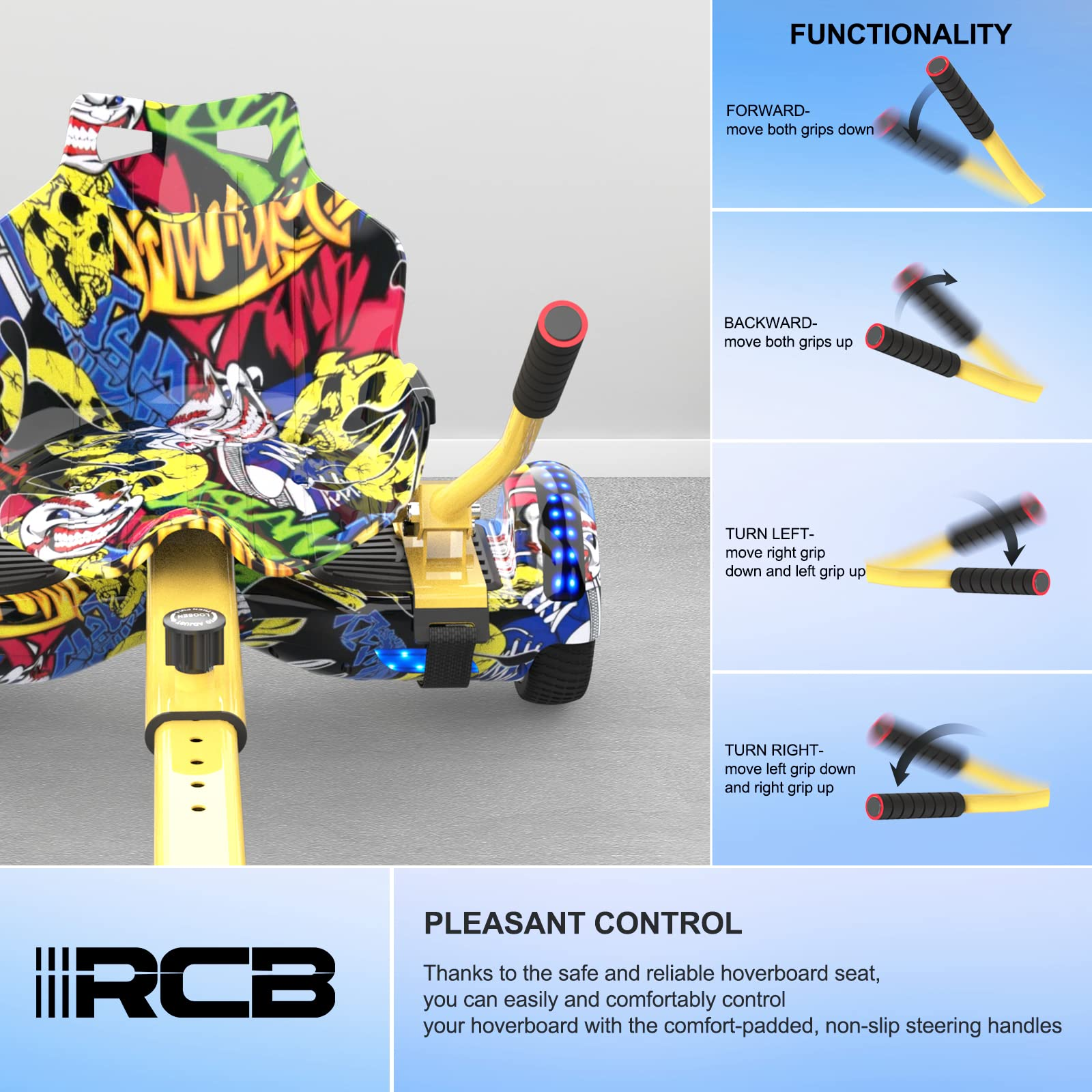Hoverboard mit Grafiken und Steuerdiagrammen. Der Hintergrund ist weiß.