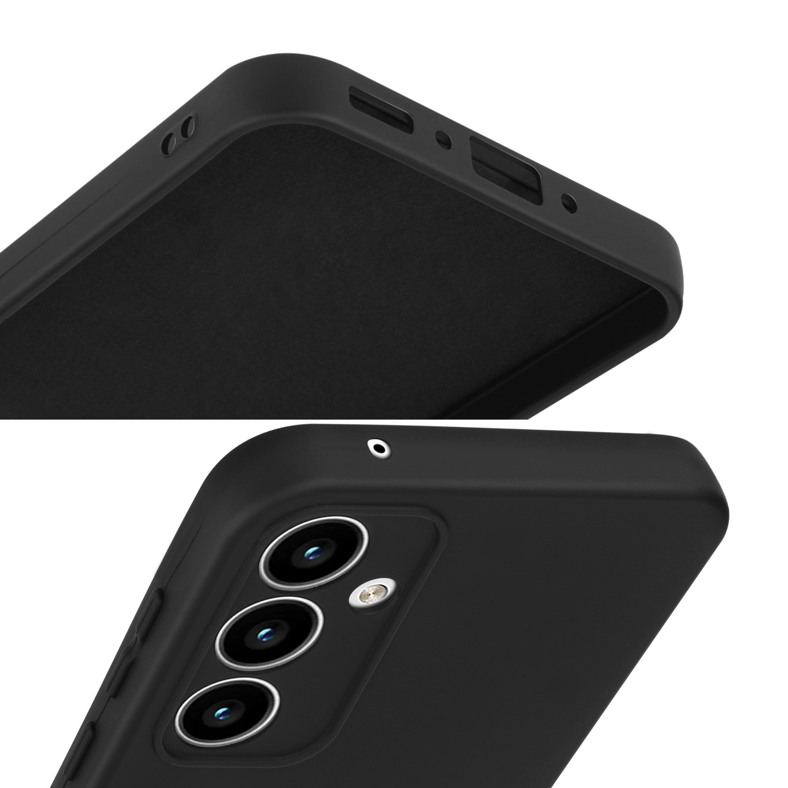 Primo piano di un telefono nero con fotocamera e porte di ricarica, su sfondo bianco.