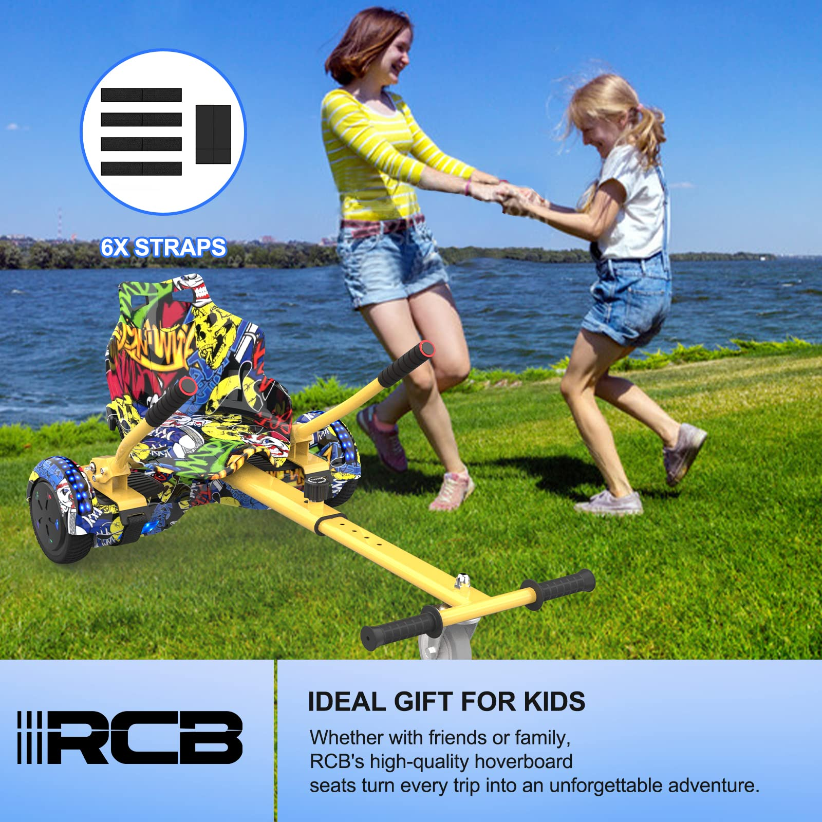 Zwei Mädchen auf einem Hoverboard in der Nähe von Wasser. Text: Ideales Geschenk für Kinder. Gelbes Hoverboard.