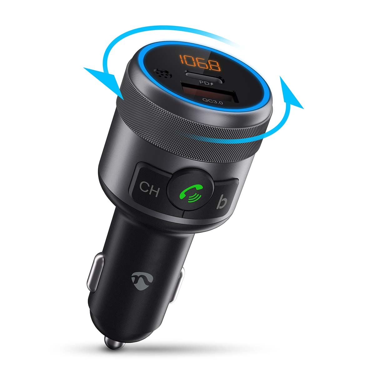 Autolader met display, bedieningselementen en USB-poorten. Zwarte kleur met blauwe accenten en pijlen.