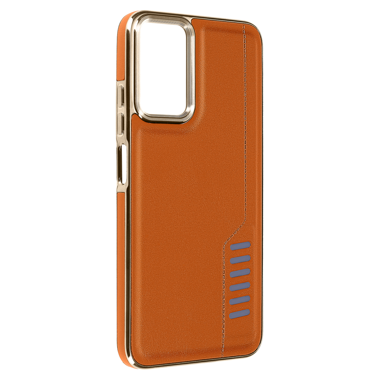 Custodia per telefono marrone con cornice dorata. La custodia ha una texture in pelle con un design cucito sul lato.