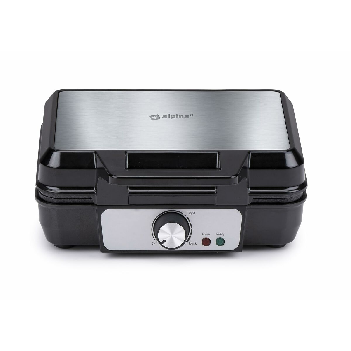 A black waffle maker with a stainless steel top and control dial on a white surface.